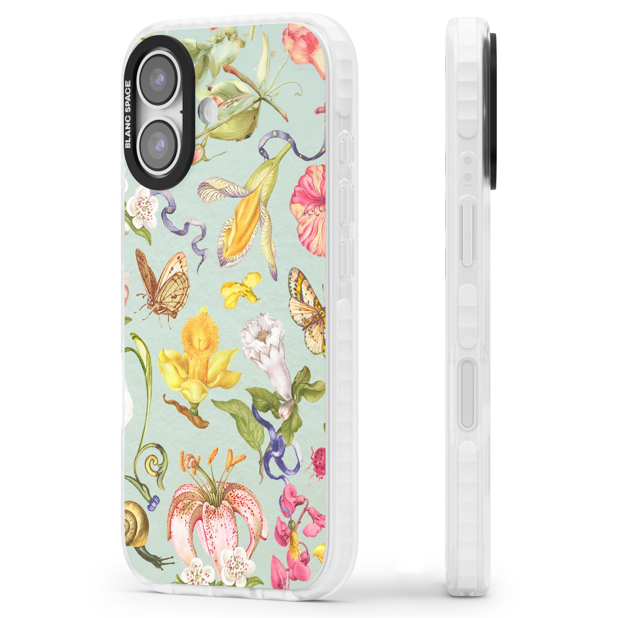 Blue Vintage Painted Flowers iPhone 17 Impact Pro Clear Phone Case Side Profile