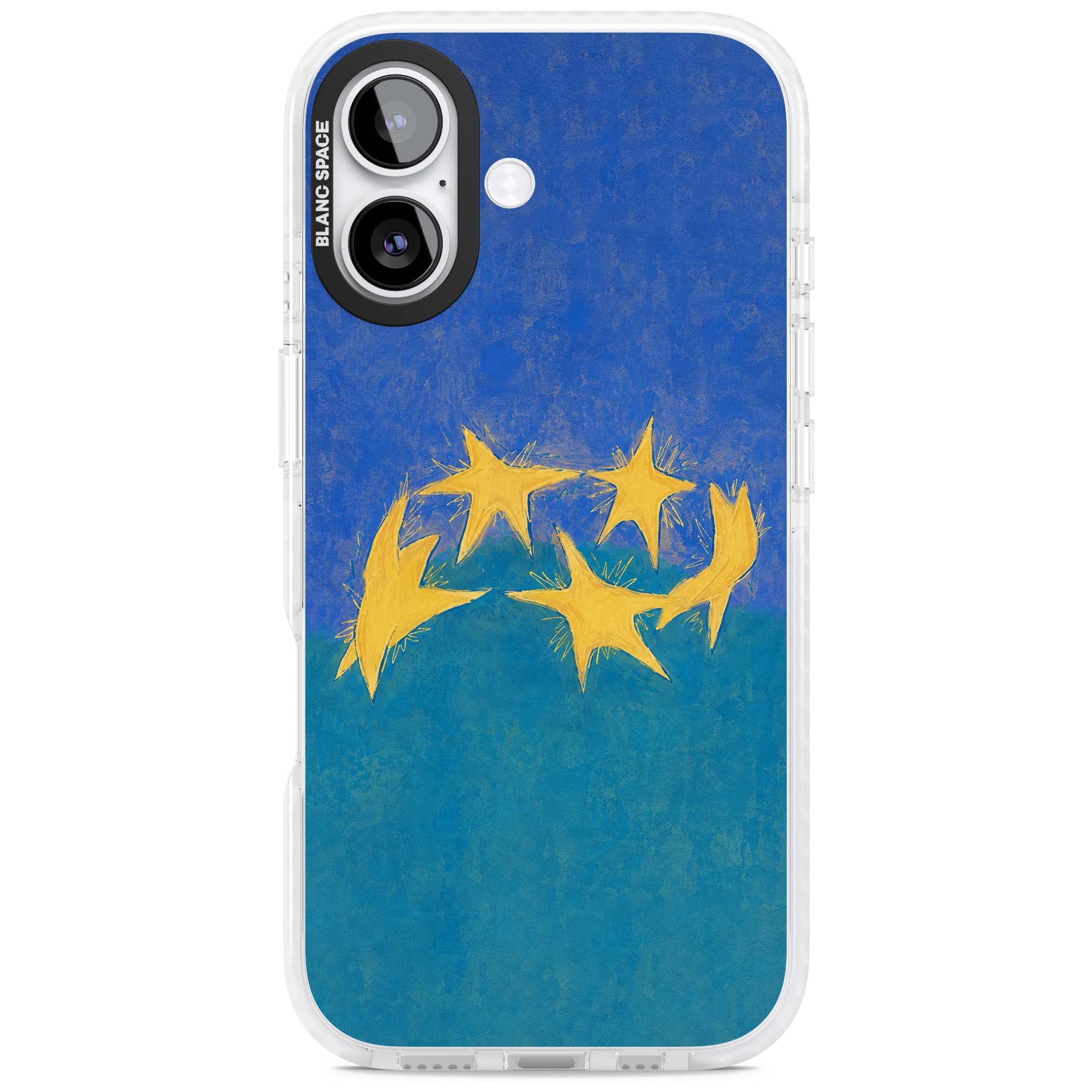 Star Boogie stars aesthetic iPhone case featuring five yellow hand-painted stars on cobalt blue and teal | Impact Magsafe case for iPhone 17