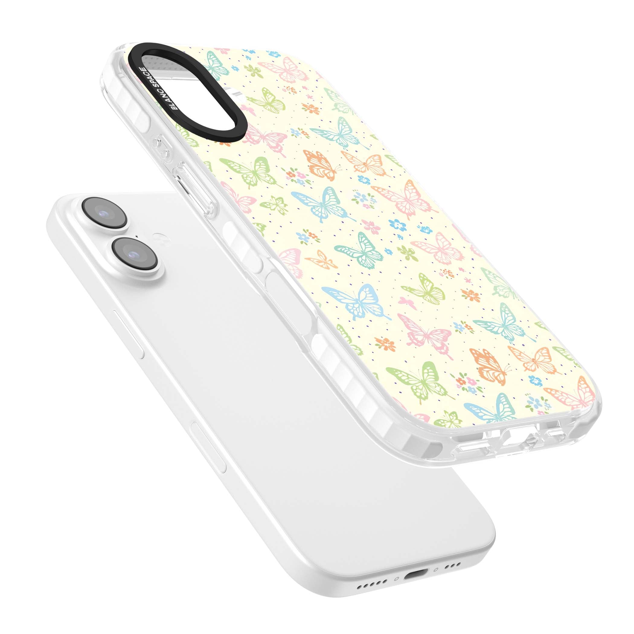 Sugar Wings cottagecore iPhone case featuring rainbow pastel butterflies, tiny wildflowers, and a cream background | Impact Magsafe case for iPhone 17