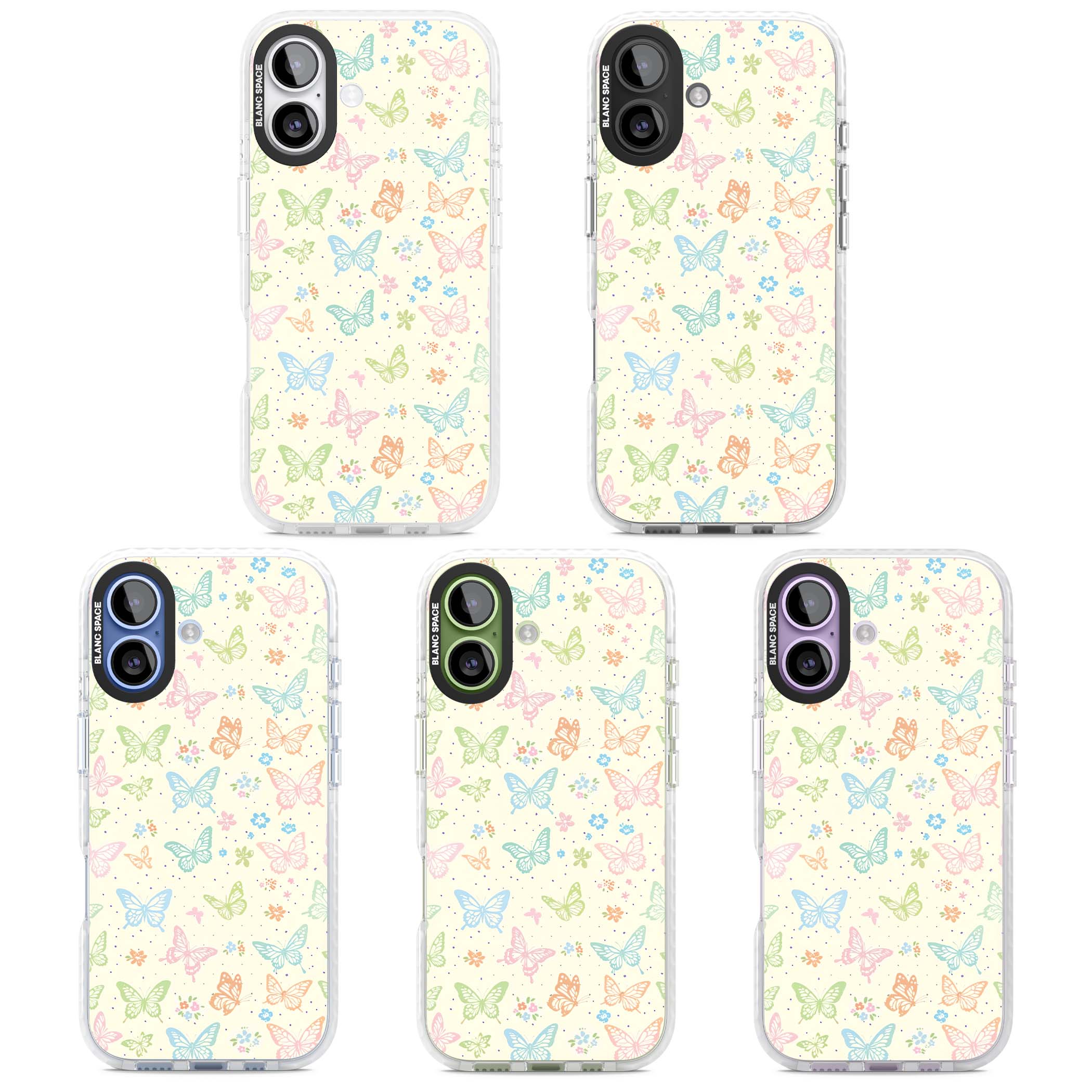 Sugar Wings cottagecore iPhone case featuring rainbow pastel butterflies, tiny wildflowers, and a cream background | Impact Magsafe case for iPhone 17