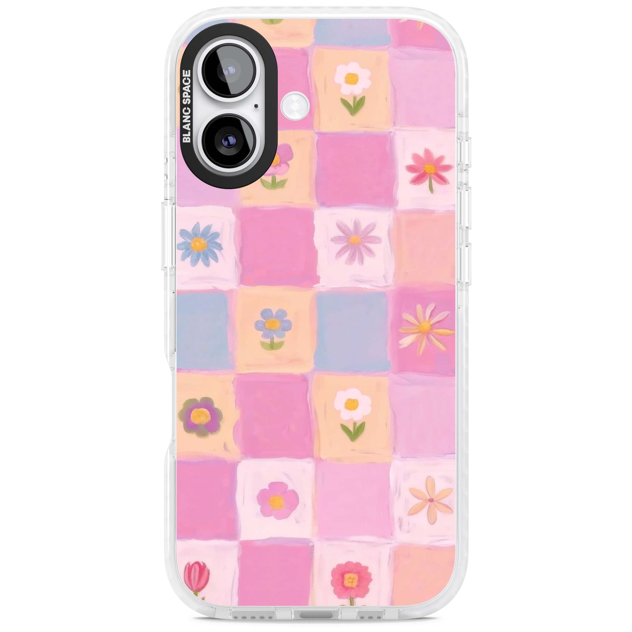 Pastel Flower Patchwork cottagecore iPhone case featuring painted pink and lilac squares with daisies and wildflowers | Impact Magsafe case for iPhone 17