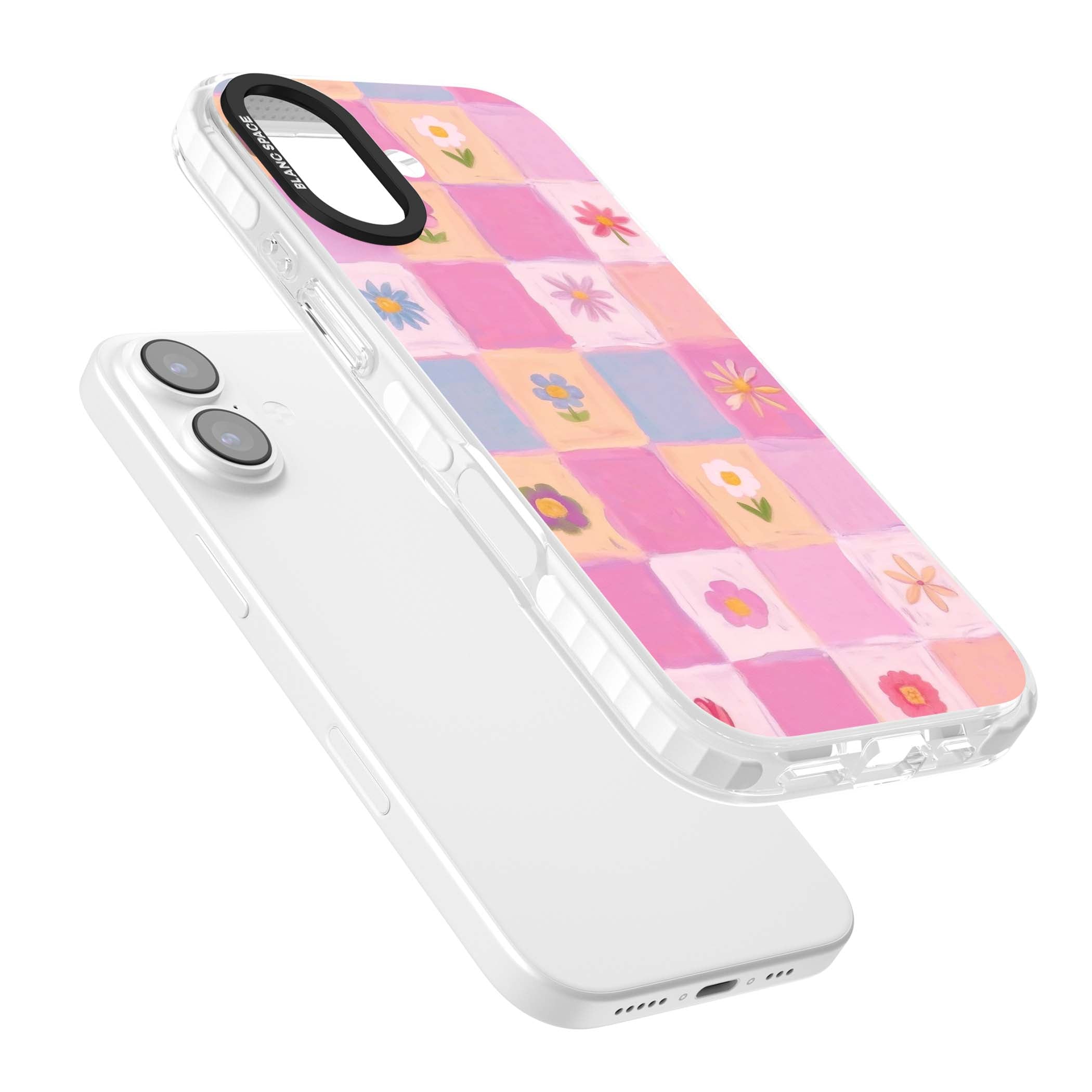 Pastel Flower Patchwork cottagecore iPhone case featuring painted pink and lilac squares with daisies and wildflowers | Impact Magsafe case for iPhone 17