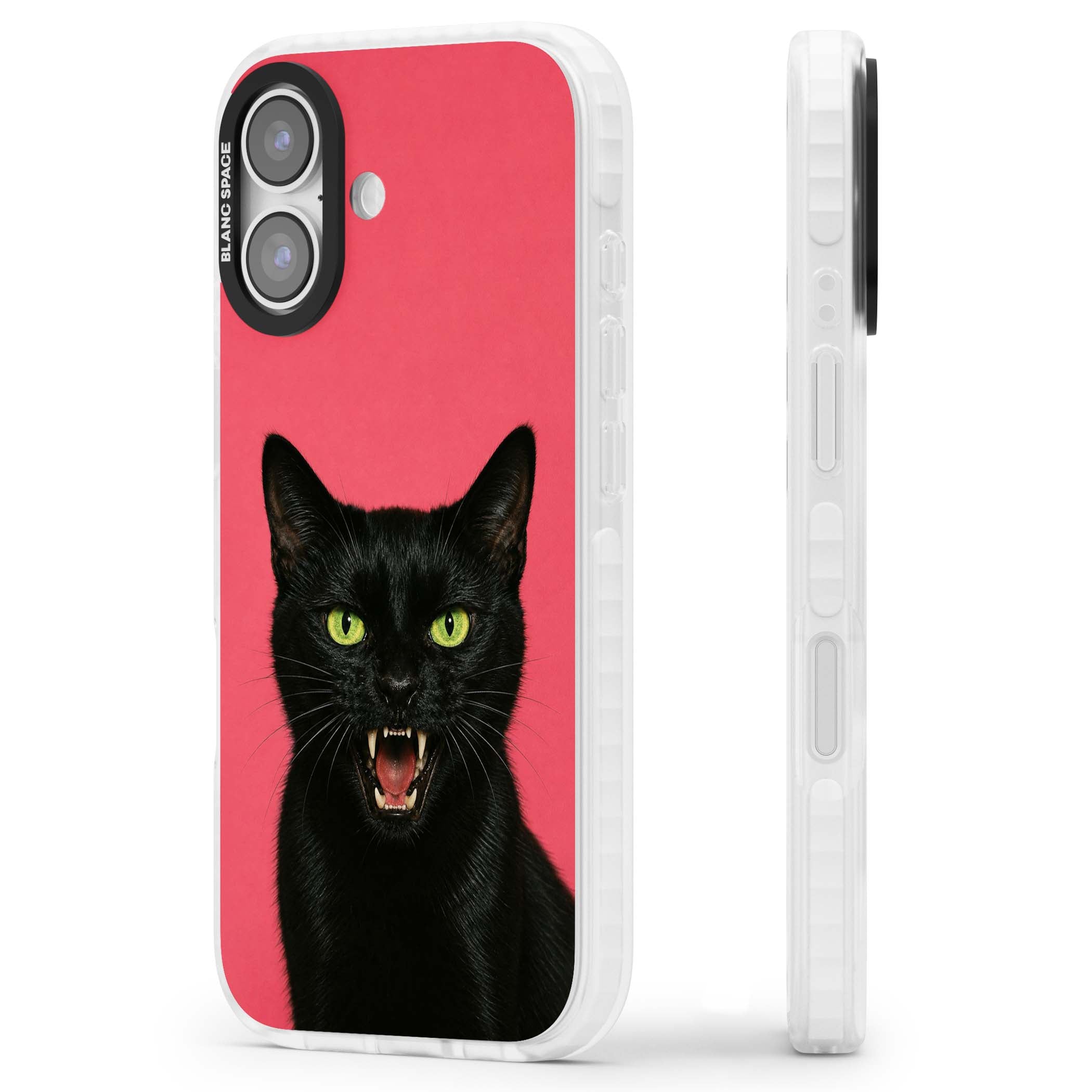 Hissin' Baddie black cat iPhone case featuring a hissing feline with green eyes on a hot pink background | Impact Magsafe case for iPhone 17
