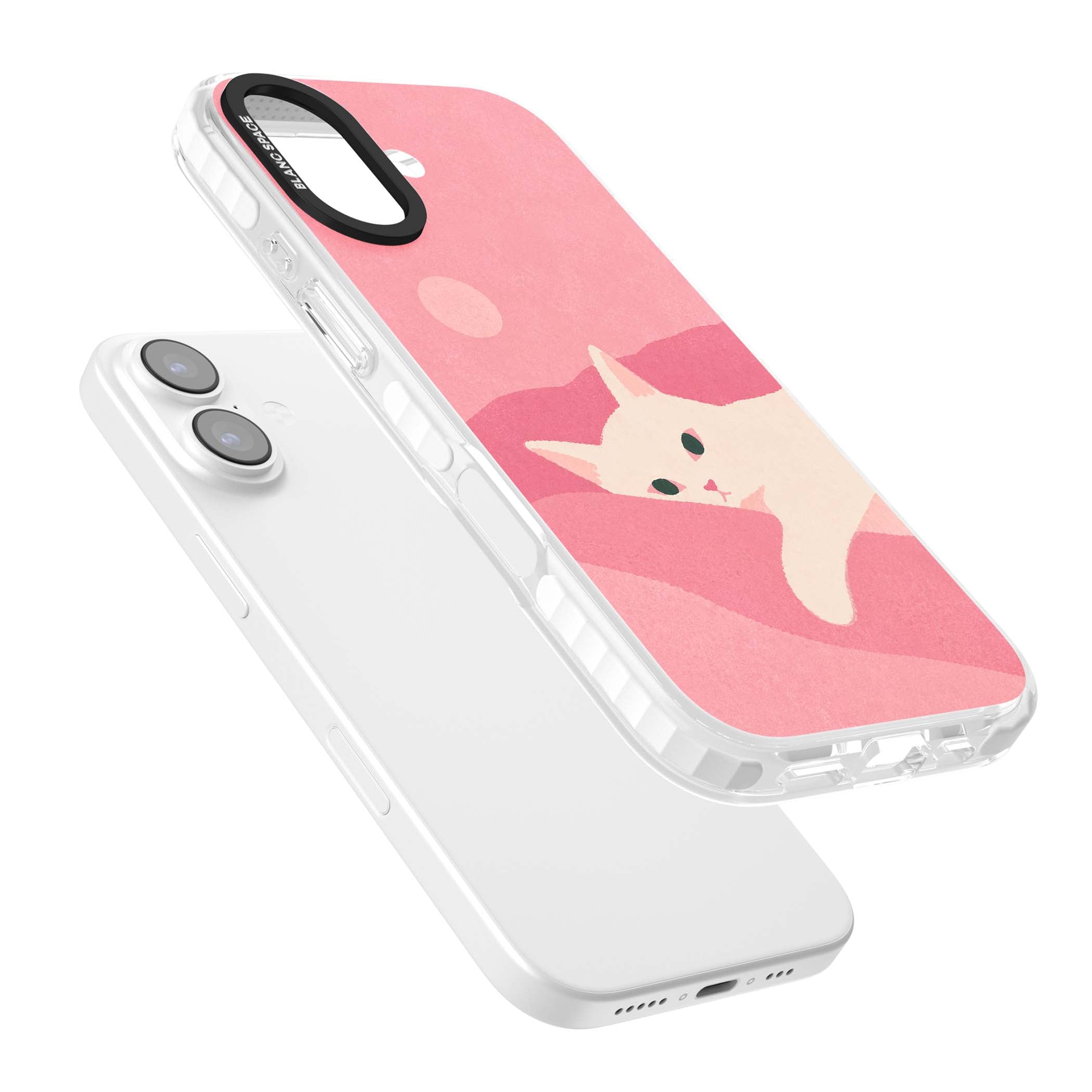 Pink Dreams cute cat iPhone case featuring a white kitten, soft pink hills and a pale pastel sun | Impact Magsafe case for iPhone 17