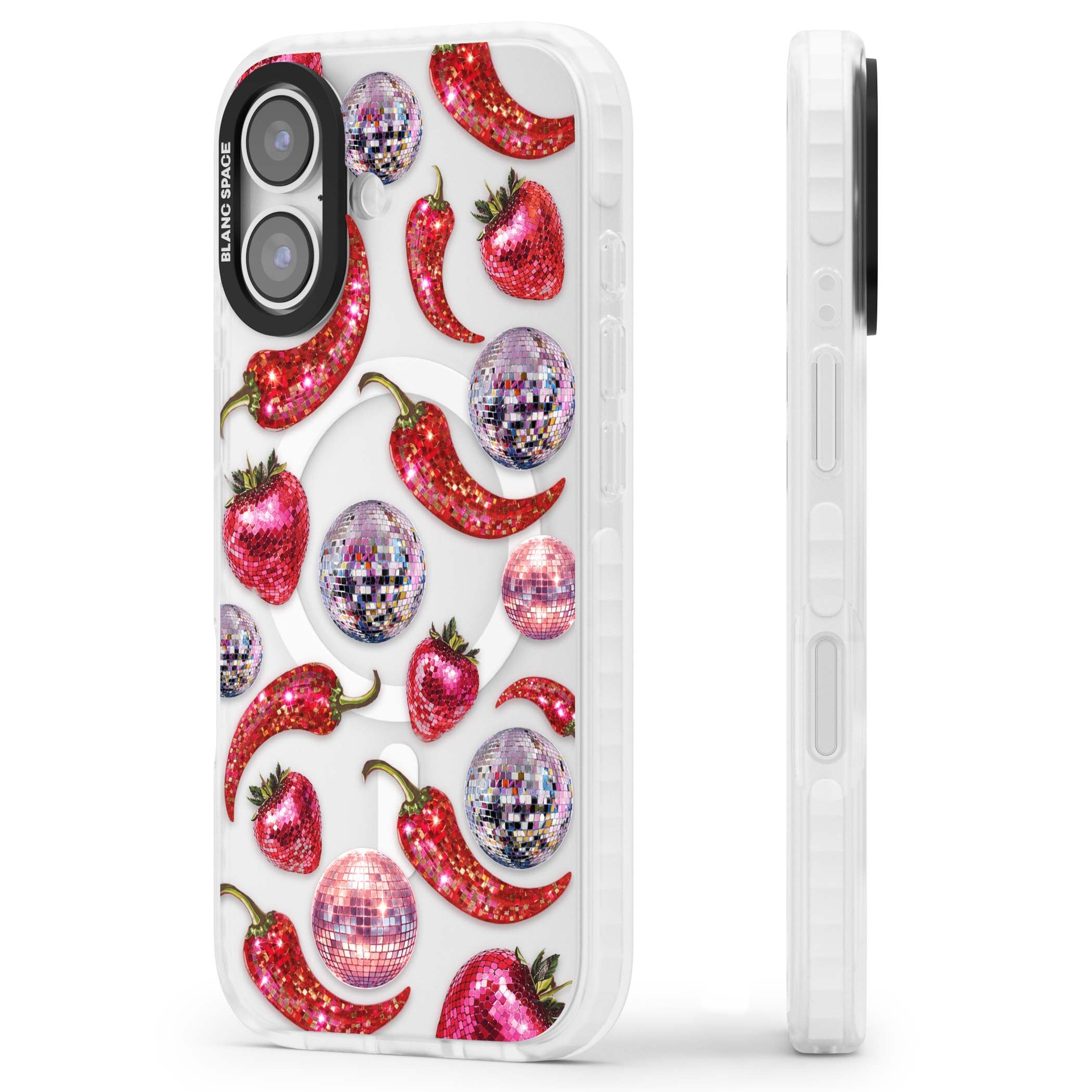 Spicy Disco Y2K iPhone case featuring glitter disco balls, sparkly strawberries and red chilli peppers | Impact Magsafe case for iPhone 17