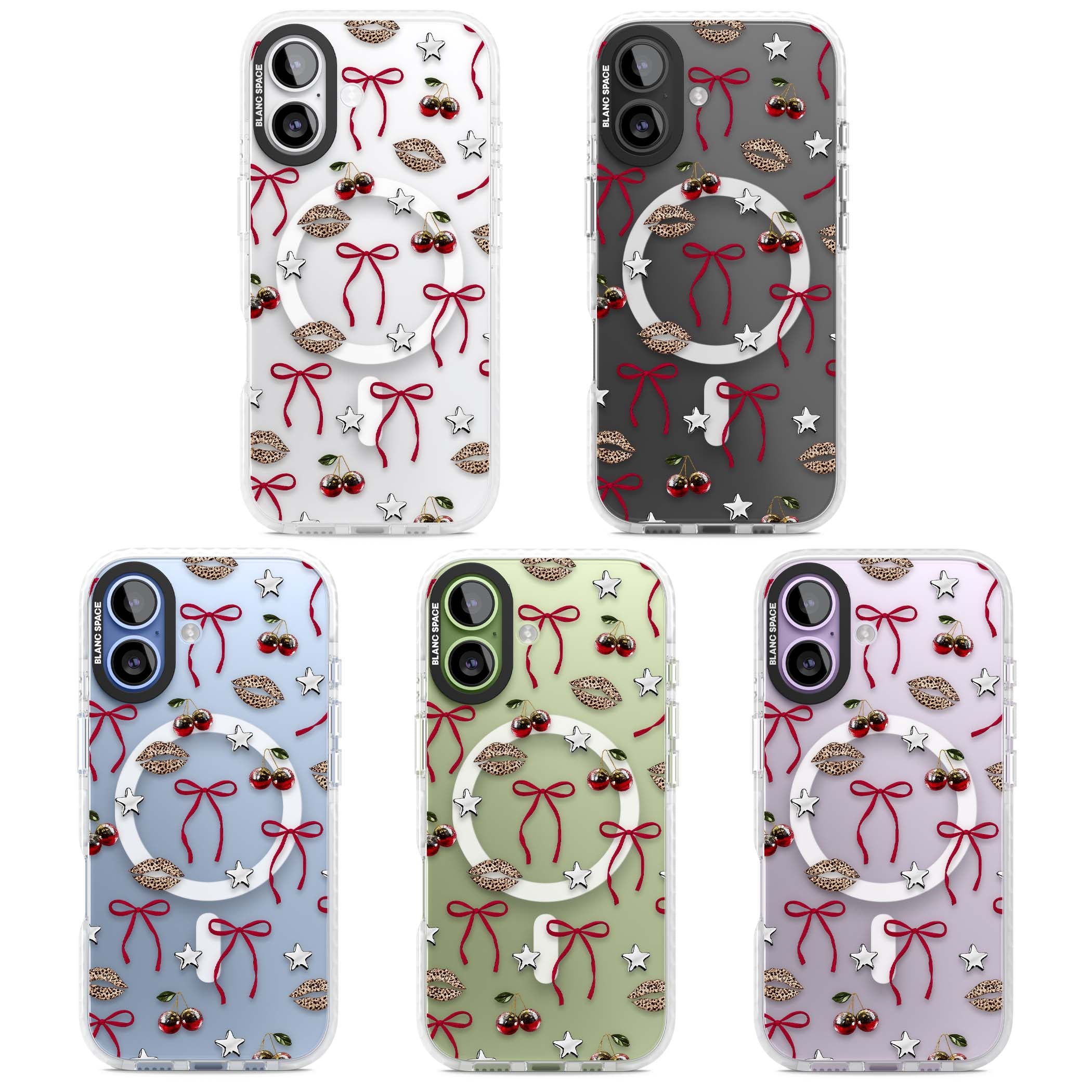 Starlet coquette iPhone case featuring red ribbon bows, disco cherries and leopard-print lips | Impact Magsafe case for iPhone 17