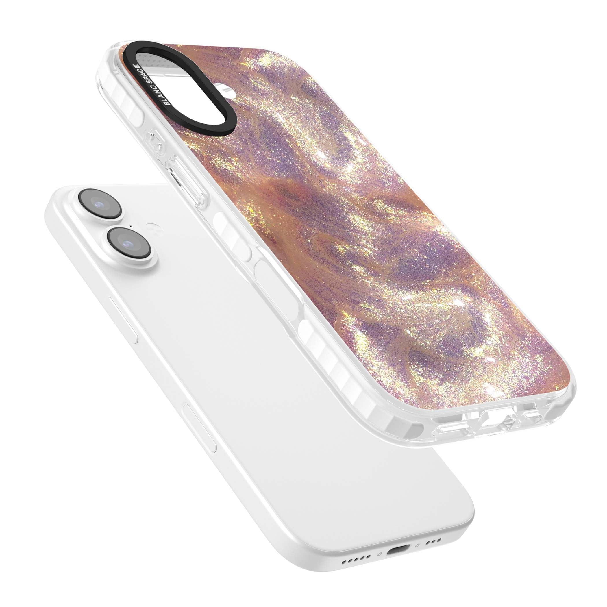 Shimmer marble iPhone case featuring rose gold glitter swirls, lilac shimmer and iridescent pearl finish | Impact Magsafe case for iPhone 17
