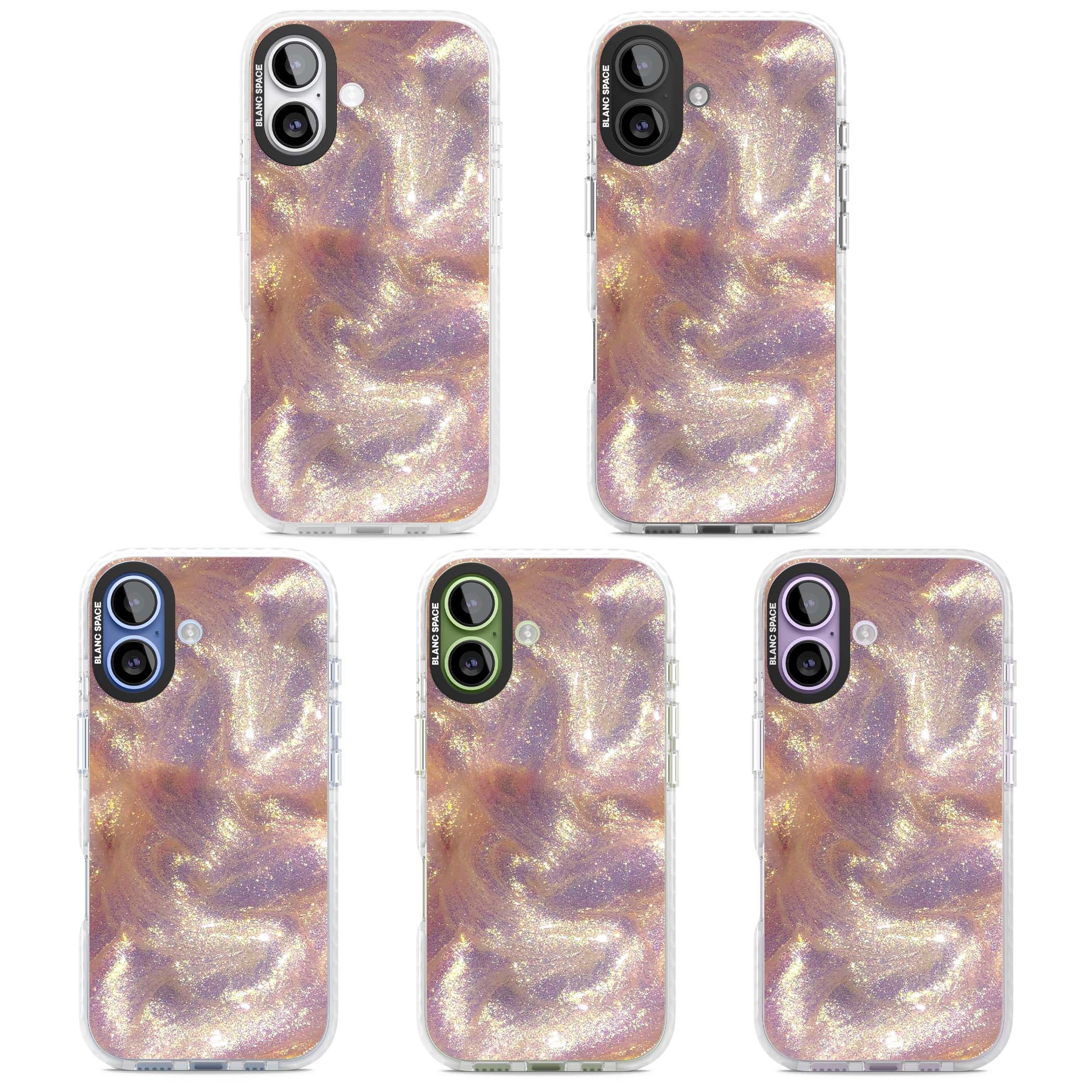 Shimmer marble iPhone case featuring rose gold glitter swirls, lilac shimmer and iridescent pearl finish | Impact Magsafe case for iPhone 17