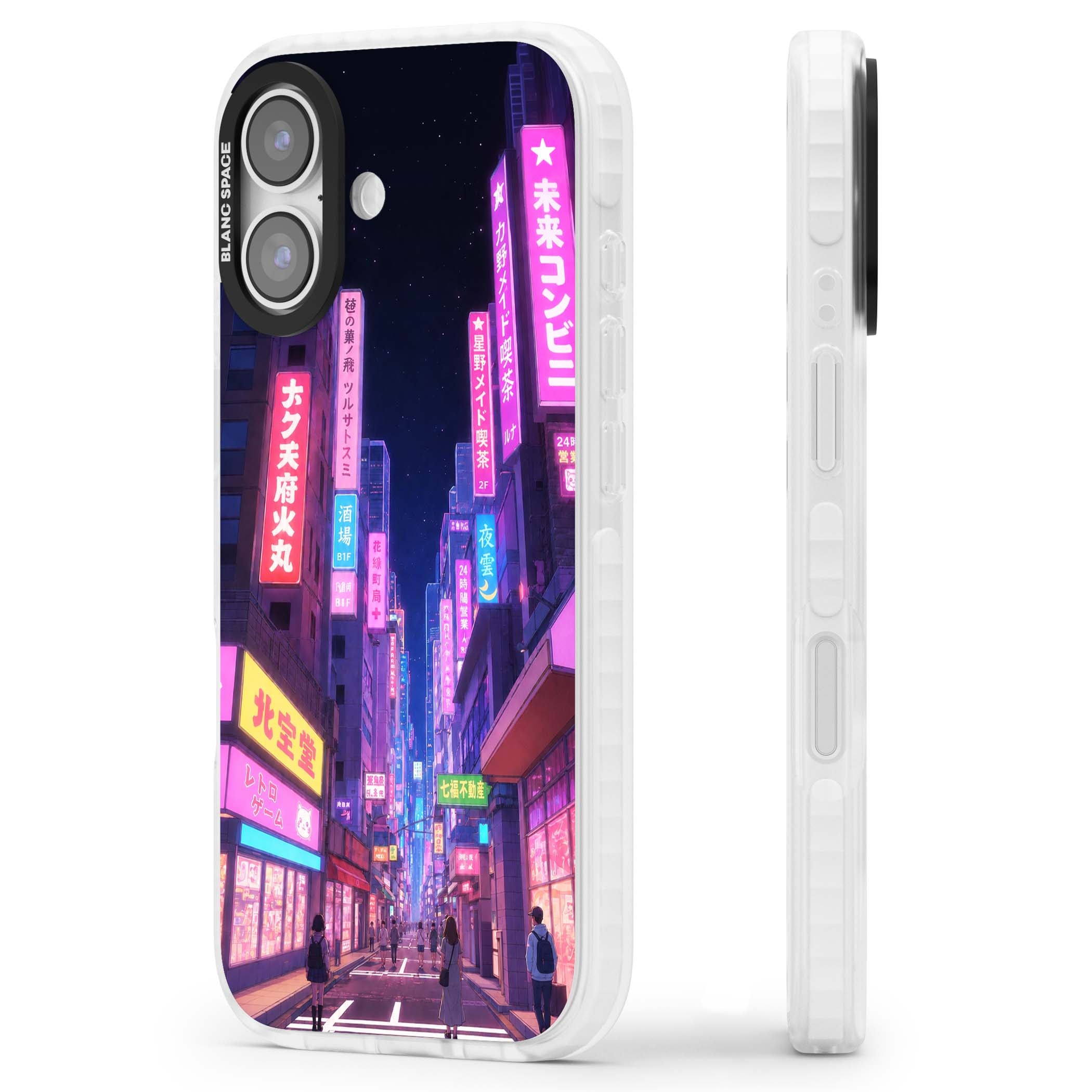 Shibuya At Night Japanese neon city iPhone case featuring glowing kanji signs, pink storefronts and a Tokyo street at n | Impact Magsafe case for iPhone 17