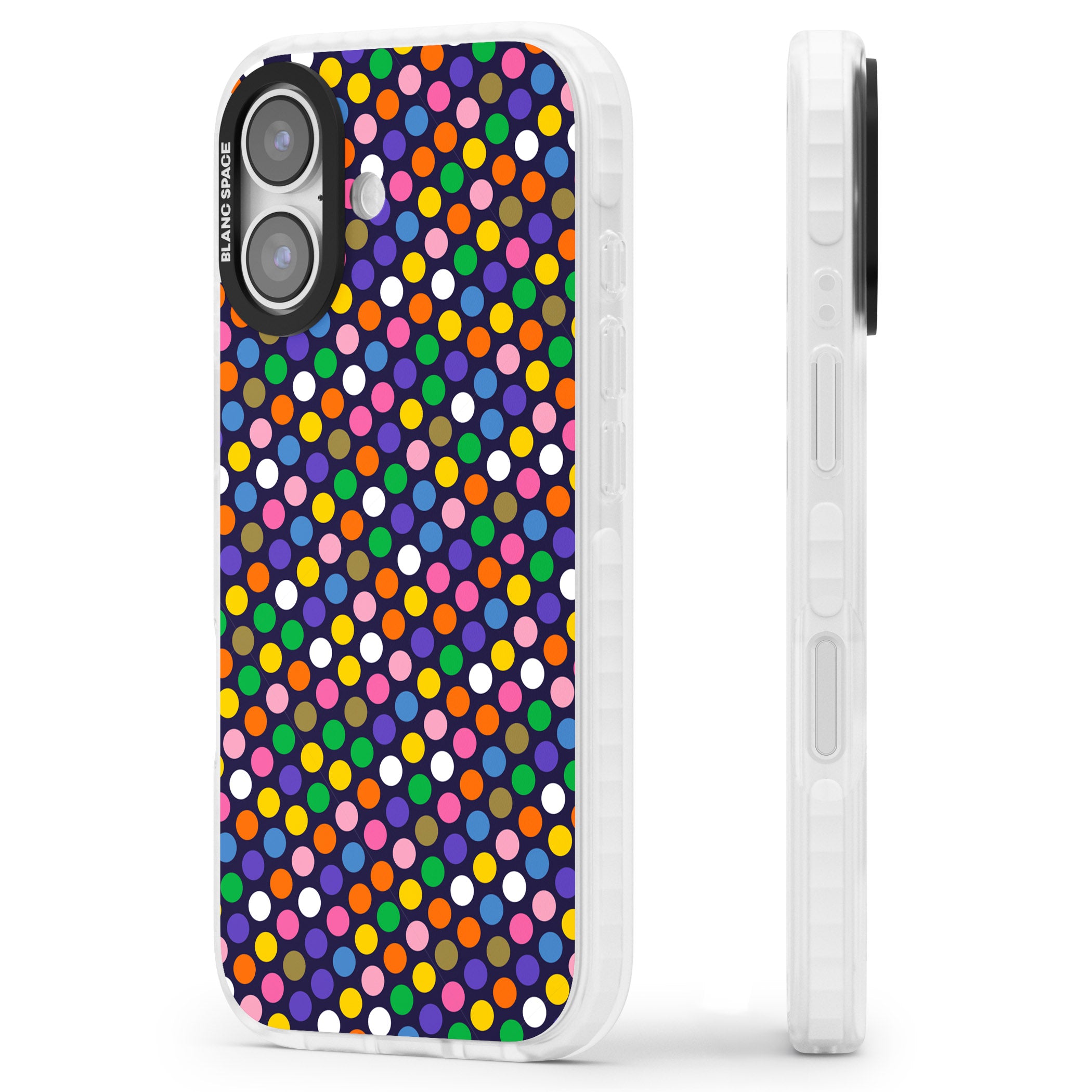 Multicolour Polka Dot Fiesta (Purple) iPhone 17 Impact Pro Clear Phone Case Side Profile