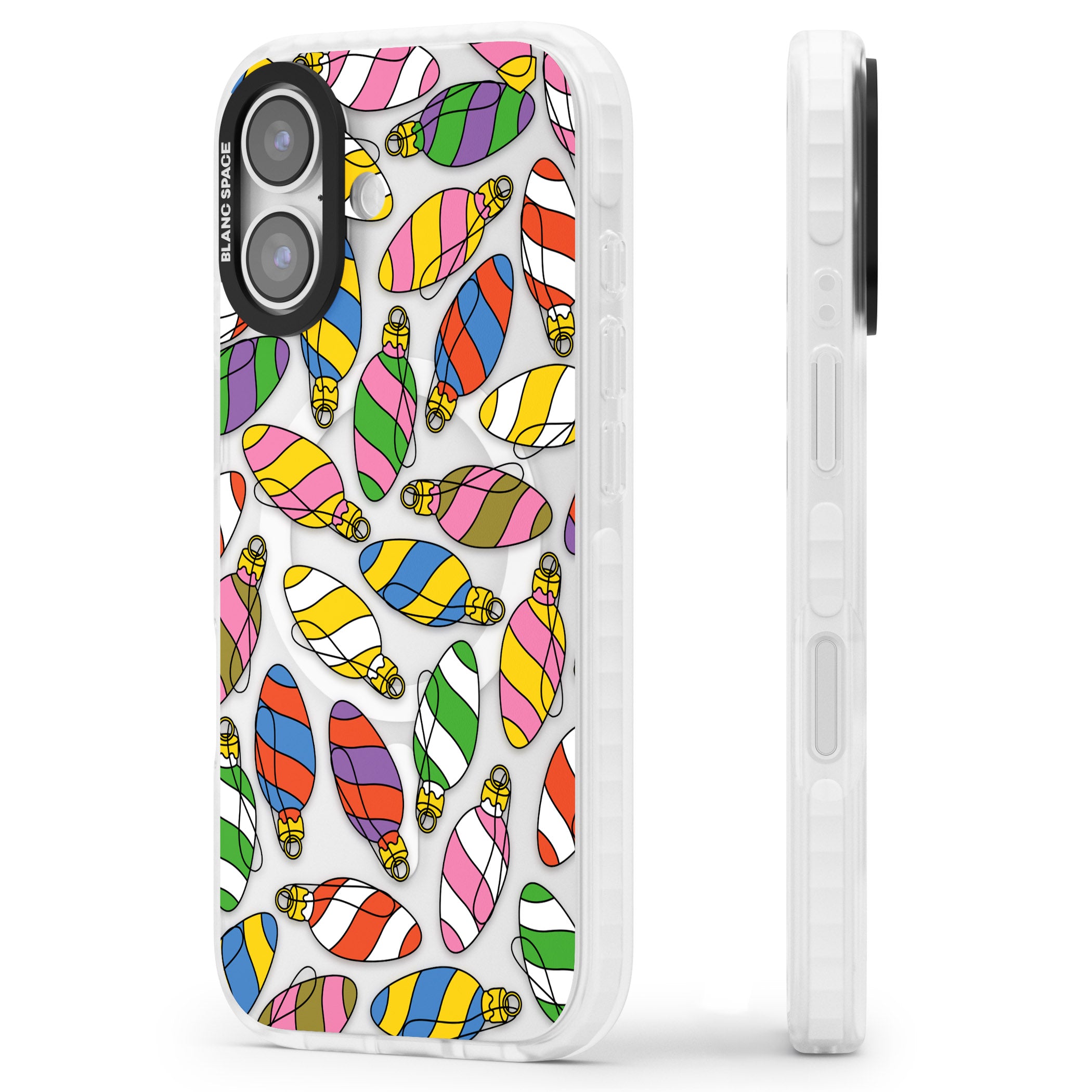 Colourful Holiday Ornaments iPhone 17 Impact Pro Clear Phone Case Side Profile