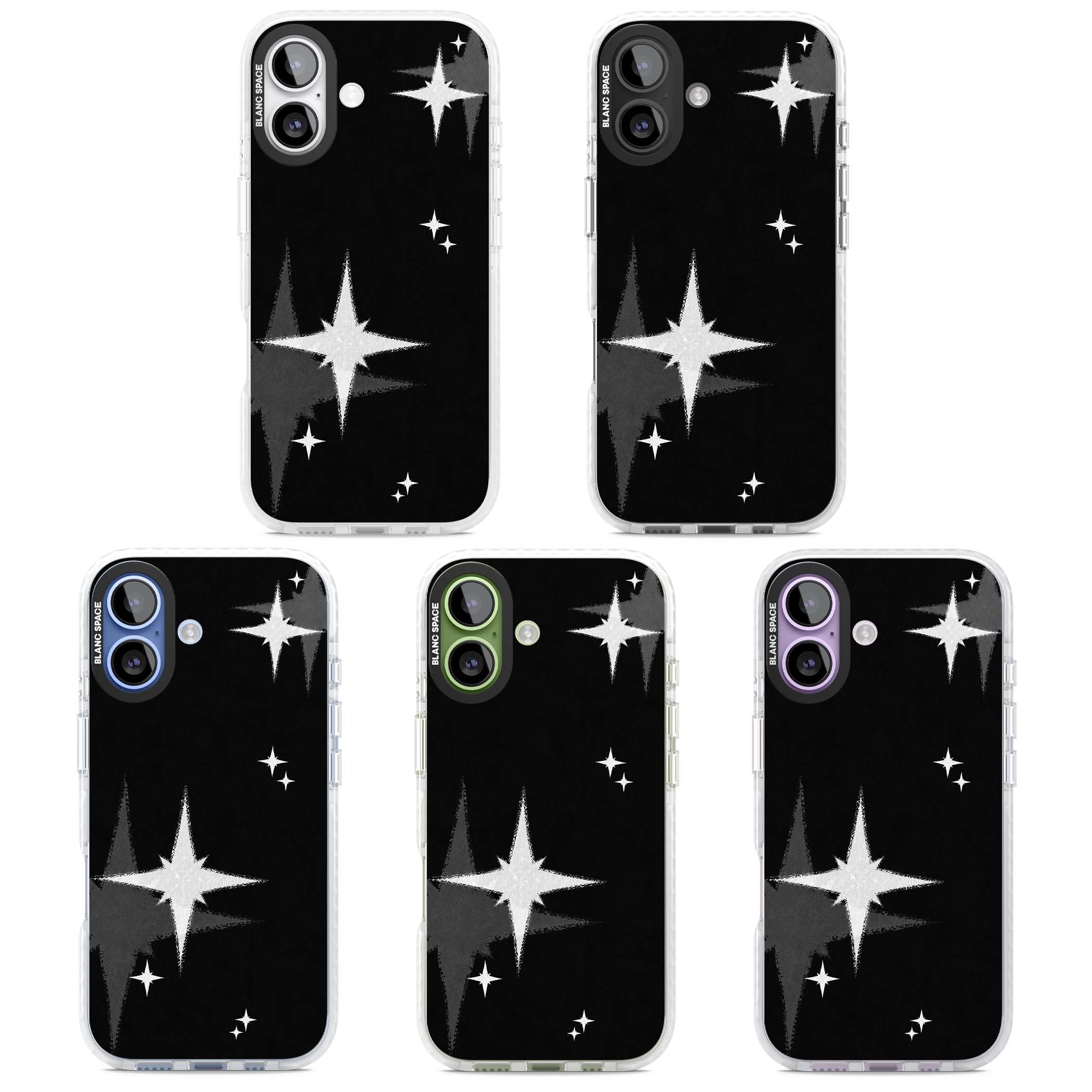 Black Sparkle celestial iPhone case featuring white sparkle stars on a black night sky background | Impact Magsafe case for iPhone 17
