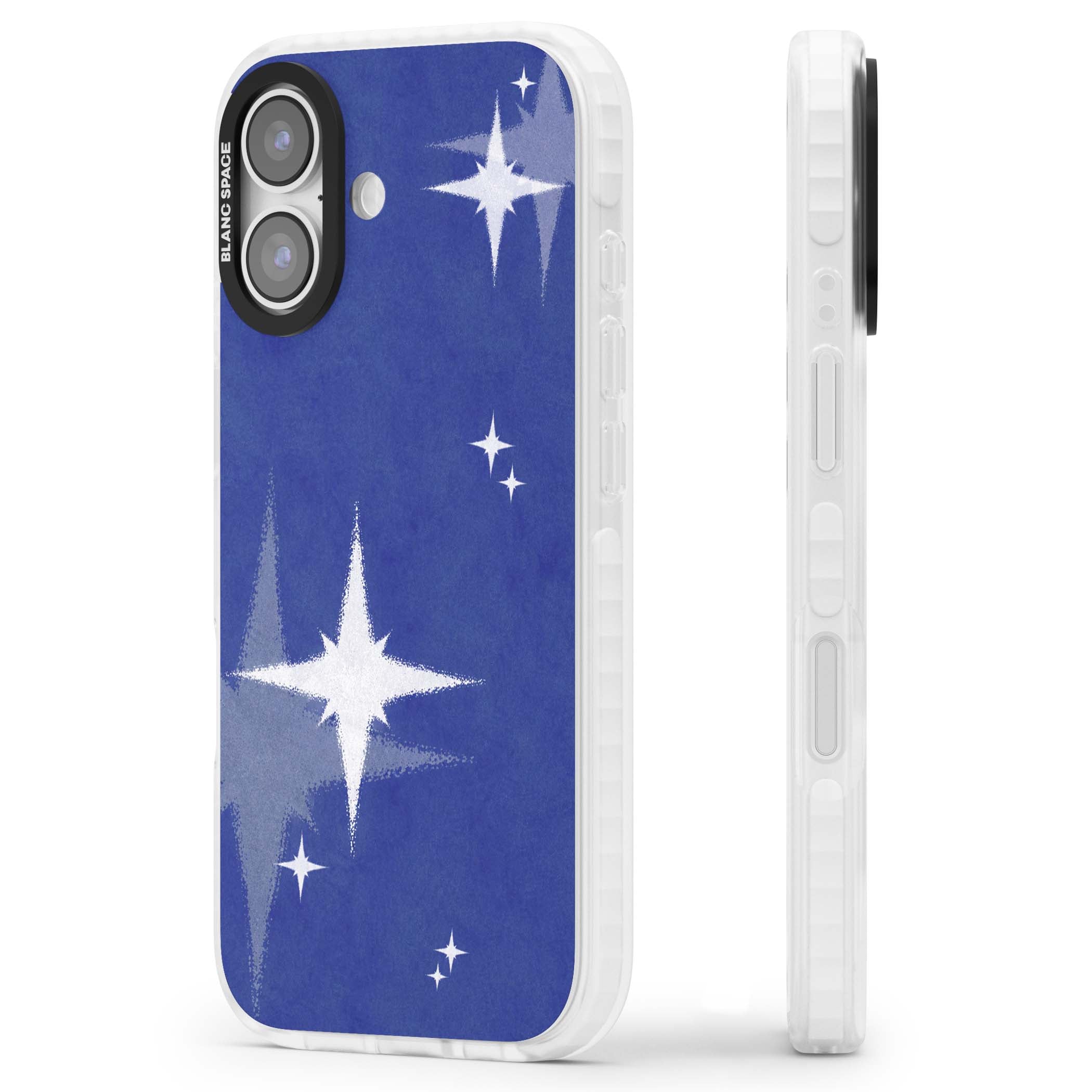 Blue Sparkle celestial iPhone case featuring sparkling silver stars on a deep blue painterly night sky | Impact Magsafe case for iPhone 17
