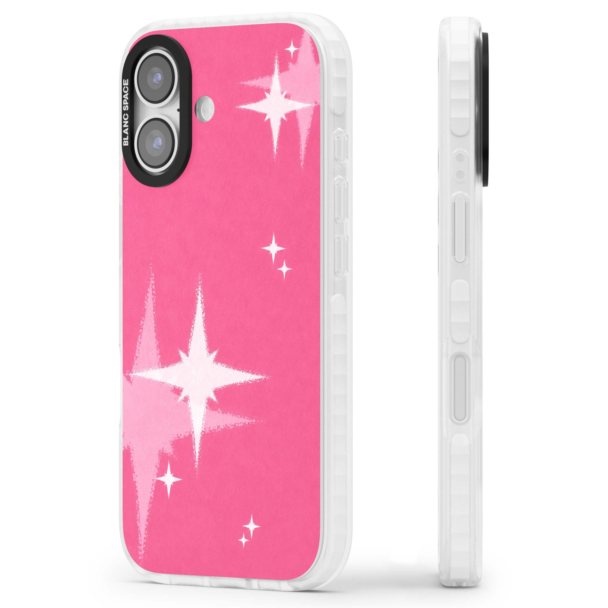 Pink Sparkle Y2K iPhone case featuring hot pink background with shimmering white starburst pattern | Impact Magsafe case for iPhone 17