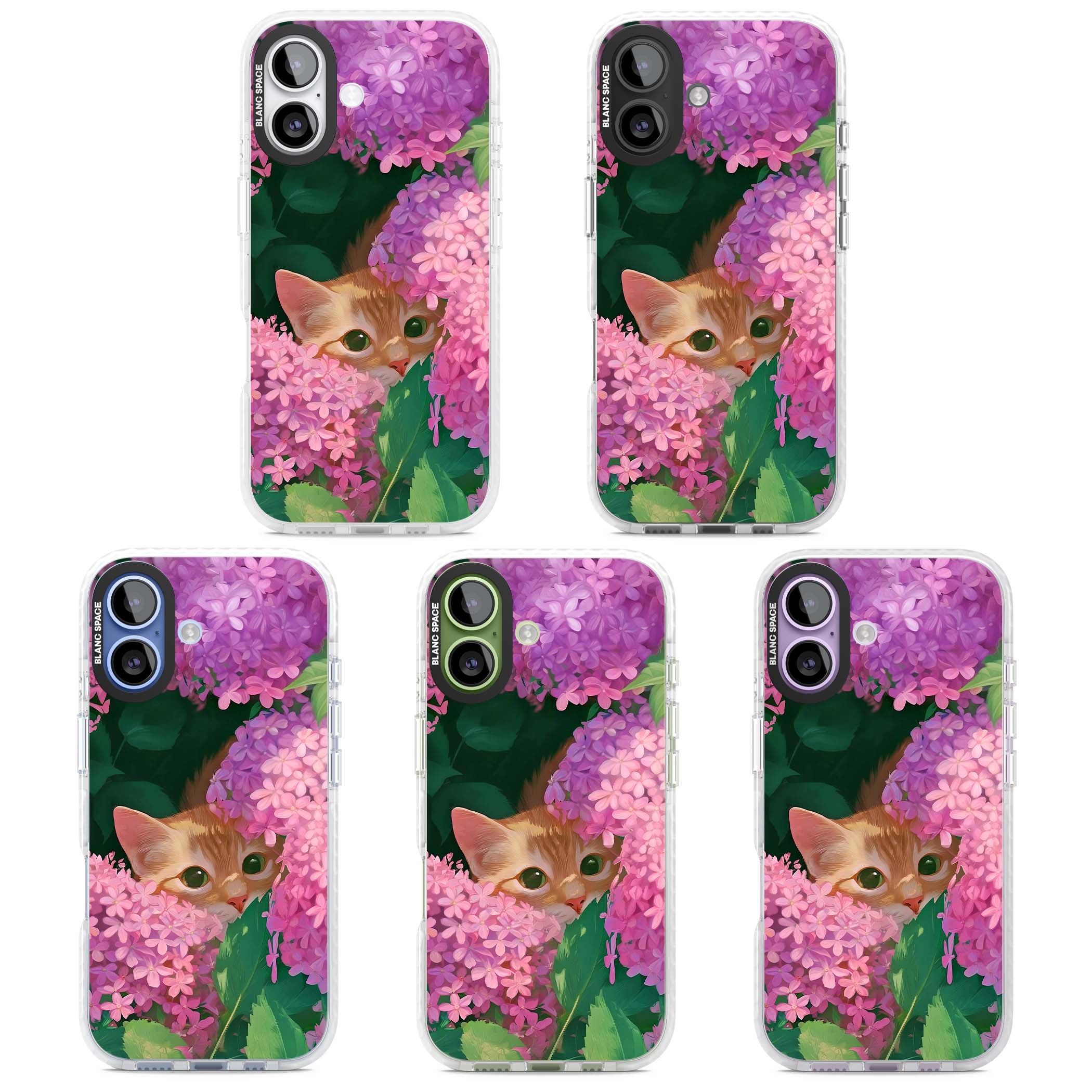 Cat In Pink Flowers cottagecore iPhone case featuring a ginger kitten peeking through lilac and pink hydrangea flo | Impact Magsafe case for iPhone 17