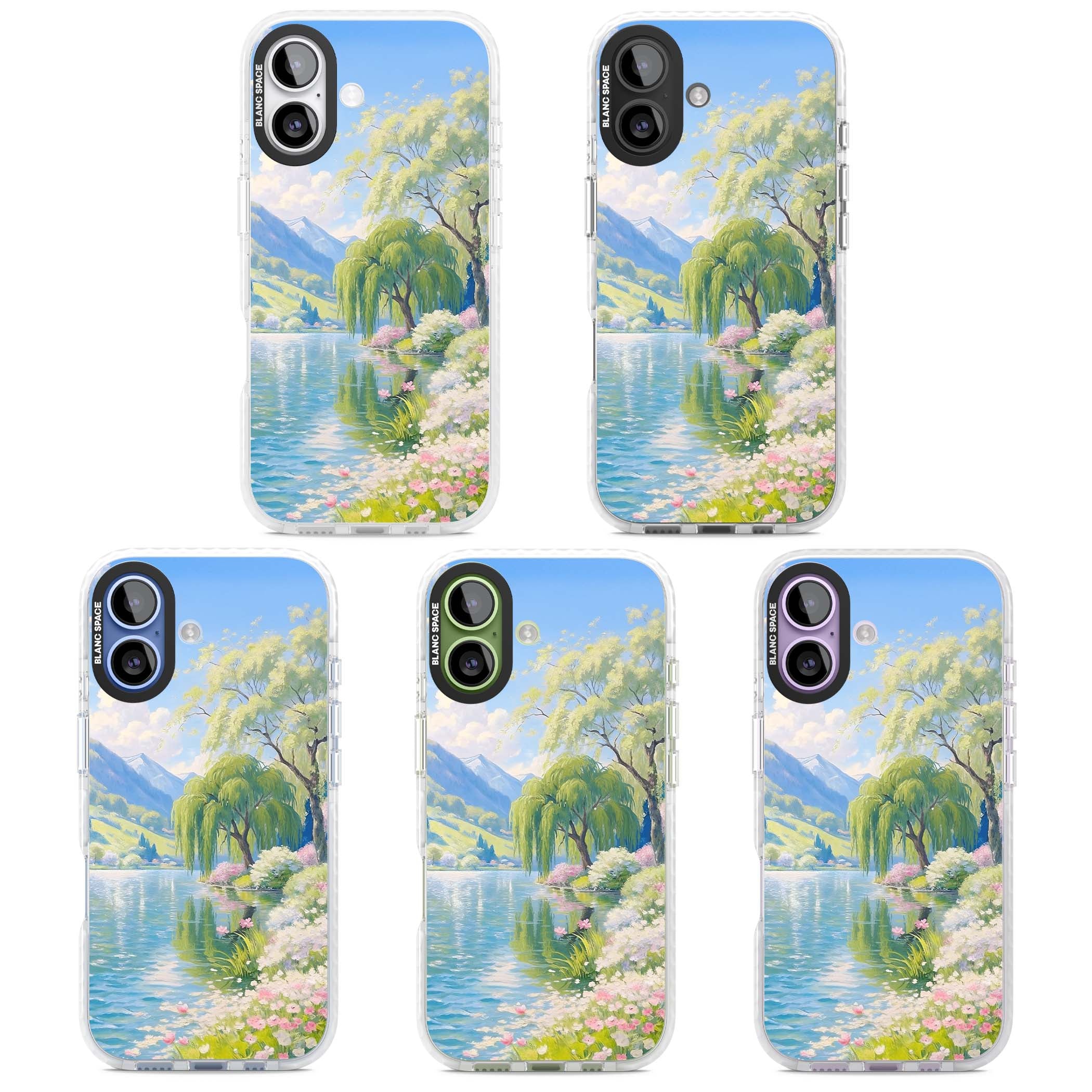 Willow Lake cottagecore iPhone case featuring a painted lakeside with weeping willow, blossoms and distant mountains | Impact Magsafe case for iPhone 17
