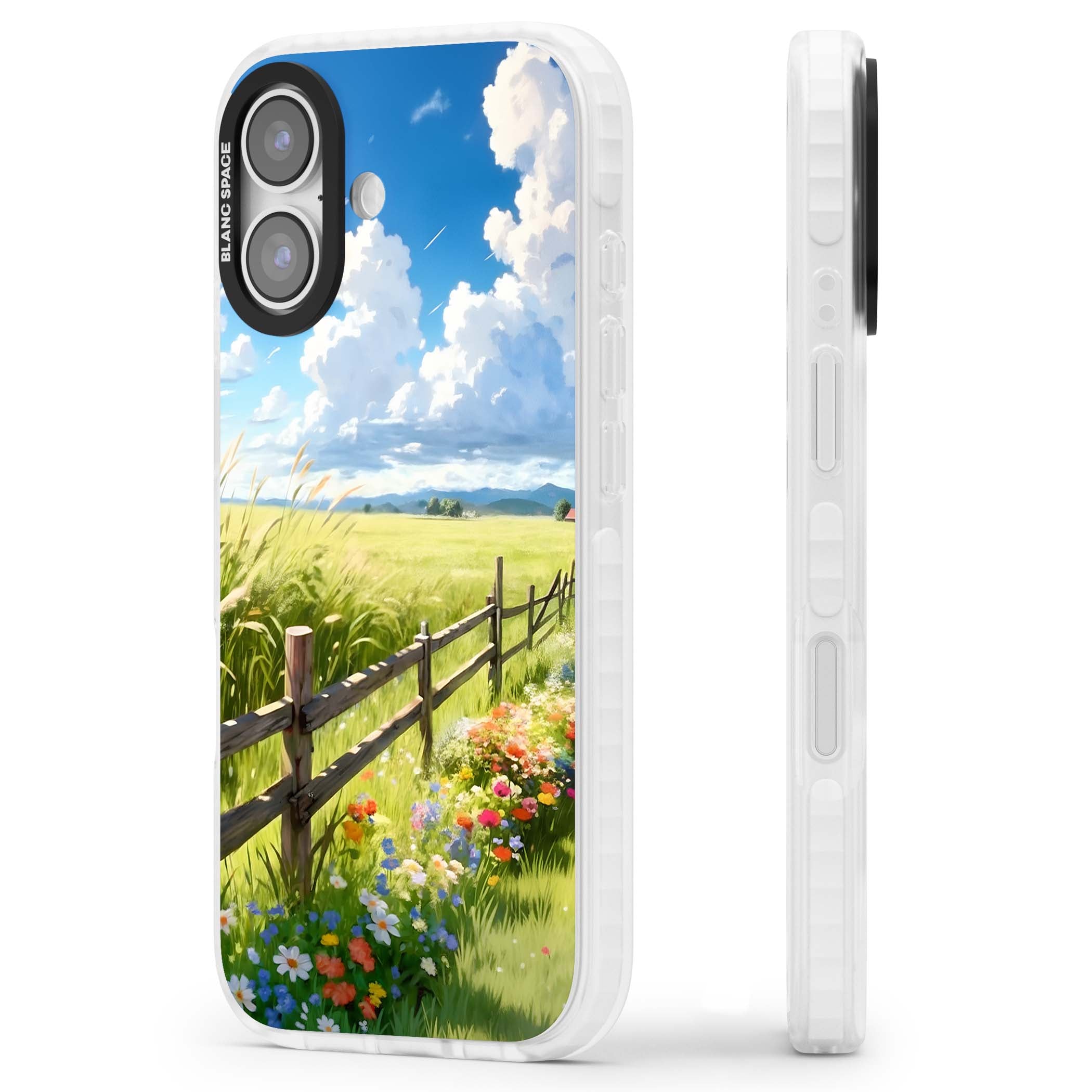 A Countryside Afternoon cottagecore iPhone case featuring a painted countryside meadow, wooden fence, and wildflowers beneath | Impact Magsafe case for iPhone 17