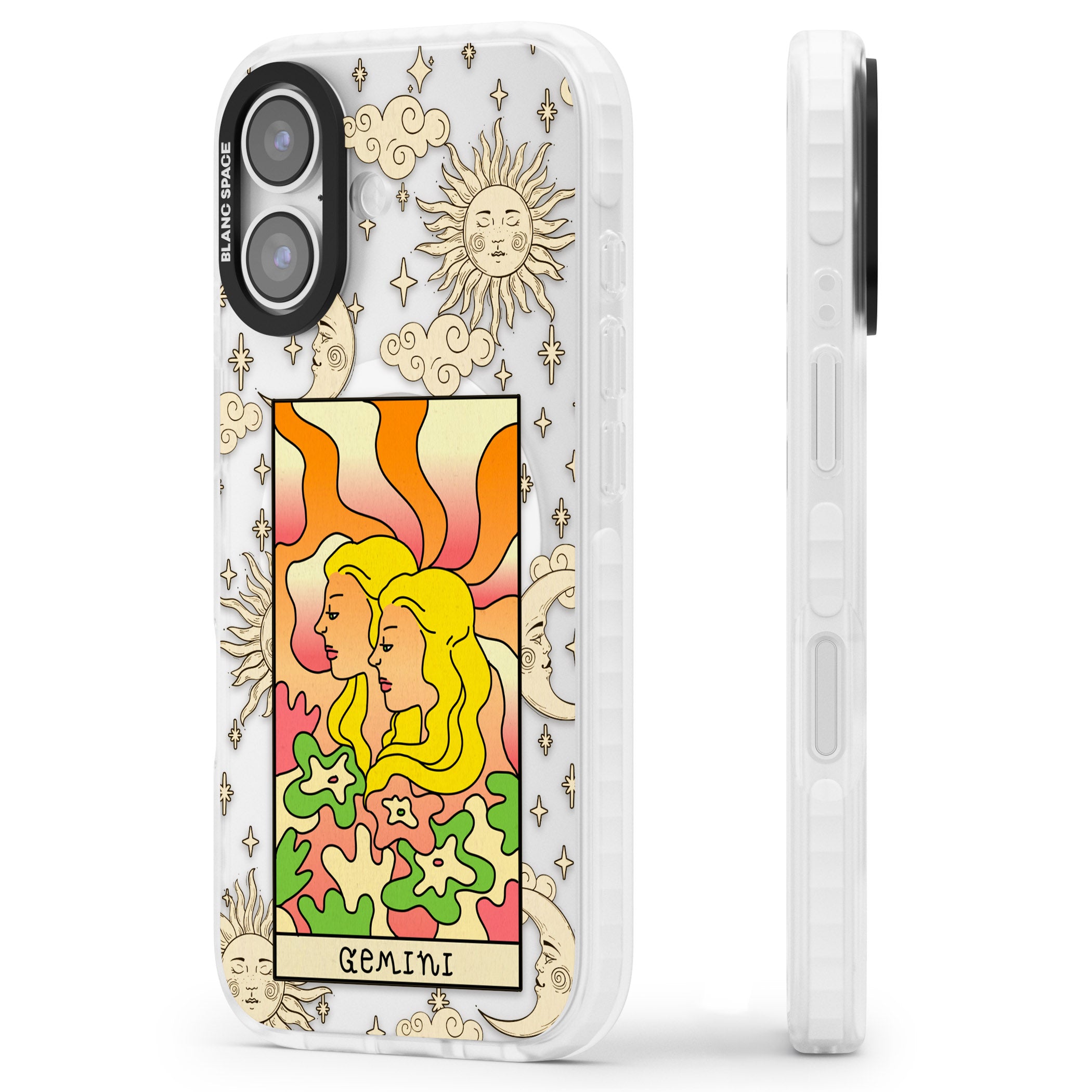 Celestial Zodiac Gemini iPhone 17 Impact Pro Clear Phone Case Side Profile