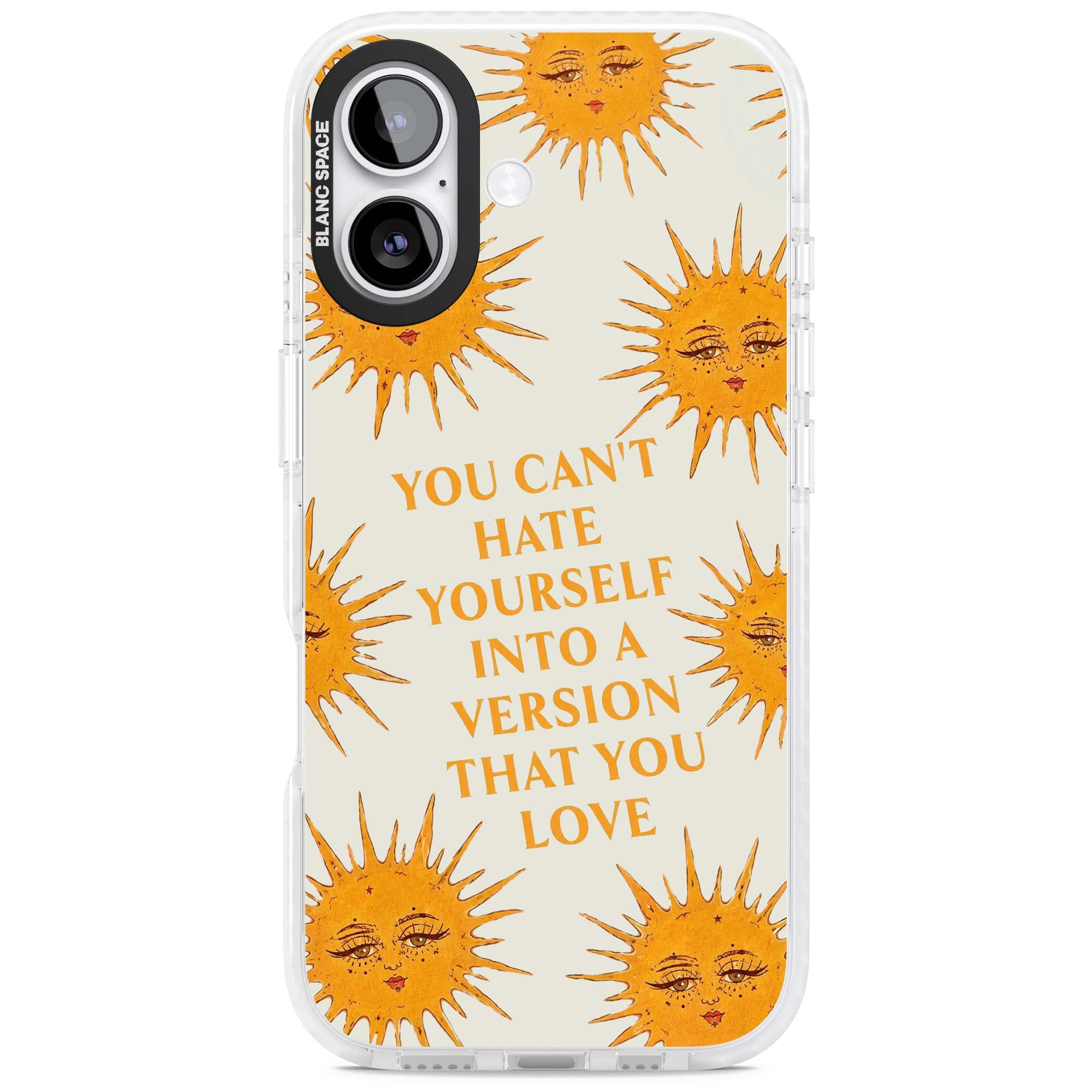 Don't Hate Yourself celestial iPhone case featuring vintage sun faces, ochre rays and a self-love quote | Impact Magsafe case for iPhone 17