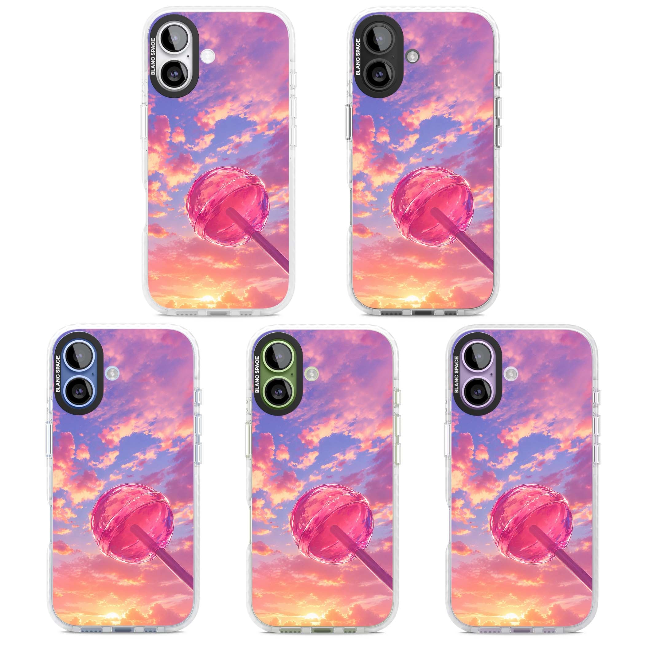 Sugar Sunset candy aesthetic iPhone case featuring a pink lollipop, pastel sunset sky and dreamy clouds | Impact Magsafe case for iPhone 17
