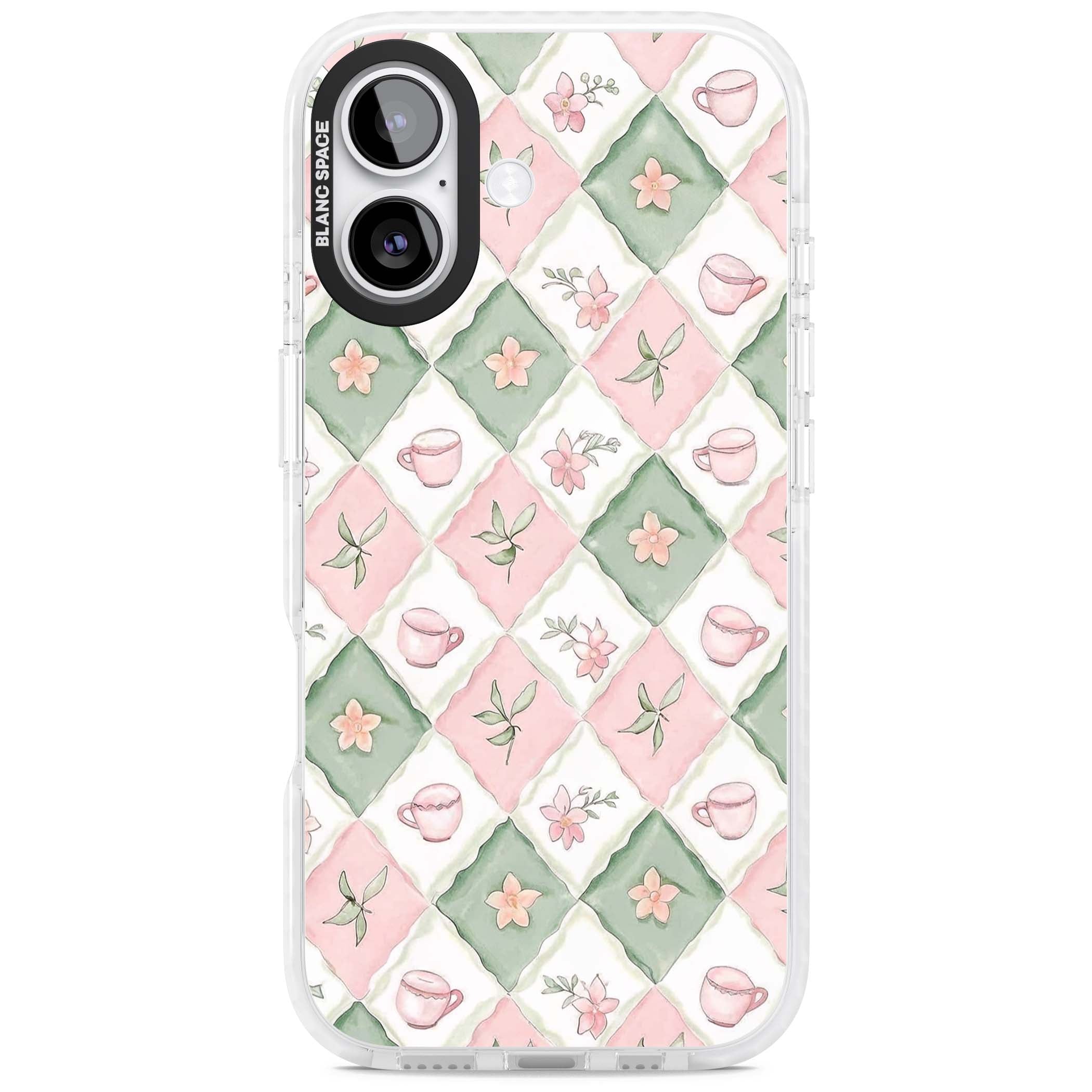 Garden Tea Party coquette iPhone case with pink and green checkered pattern, watercolour teacups and wildflowers | Impact Magsafe case for iPhone 17