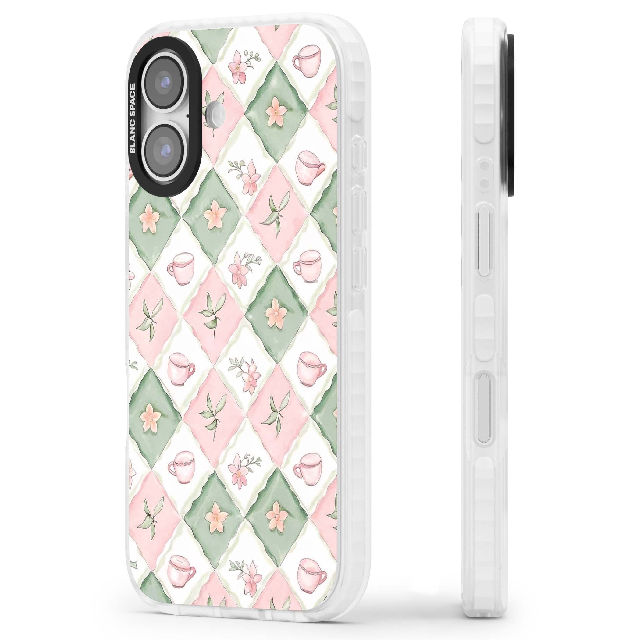 Garden Tea Party coquette iPhone case with pink and green checkered pattern, watercolour teacups and wildflowers | Impact Magsafe case for iPhone 17