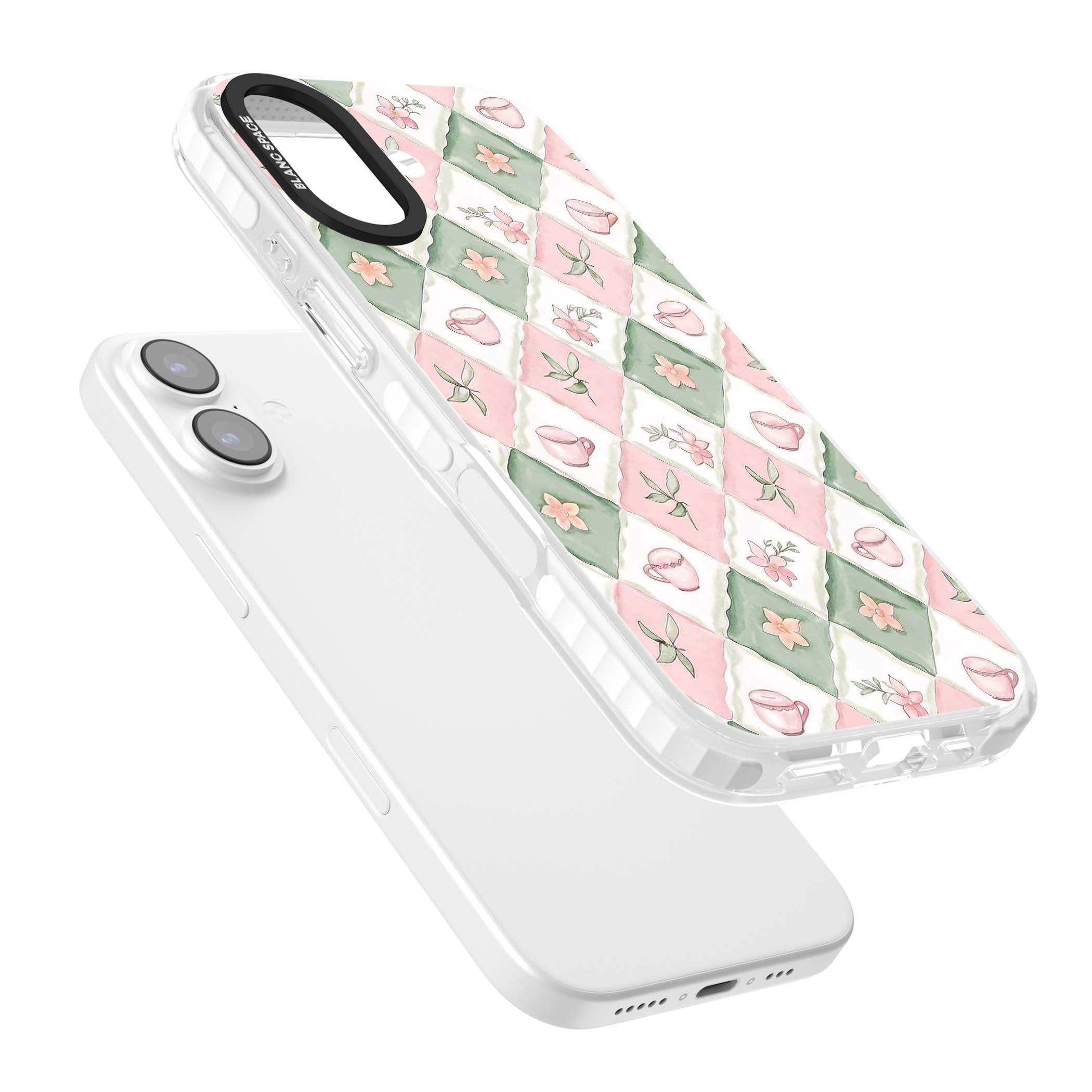 Garden Tea Party coquette iPhone case with pink and green checkered pattern, watercolour teacups and wildflowers | Impact Magsafe case for iPhone 17
