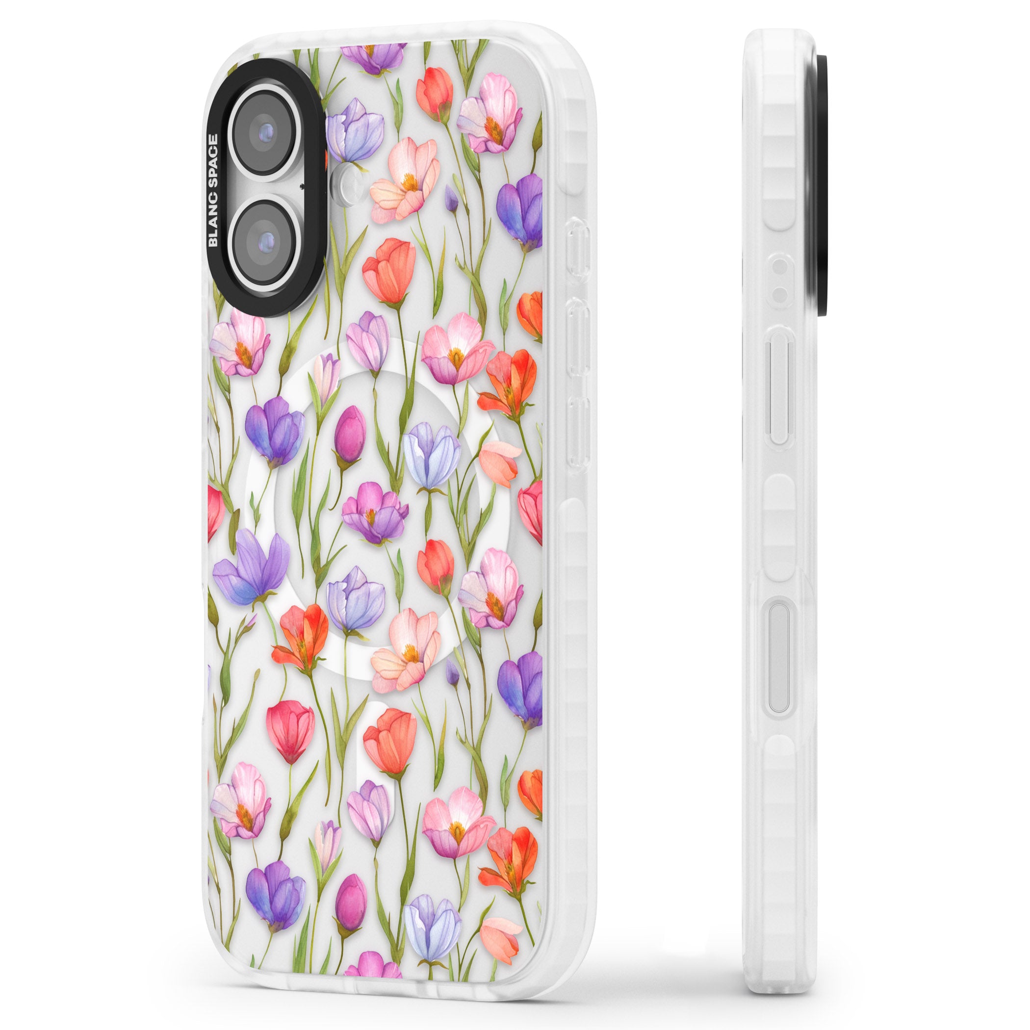 Red, Pink & Purple Flowers iPhone 17 Impact Pro Clear Phone Case Side Profile