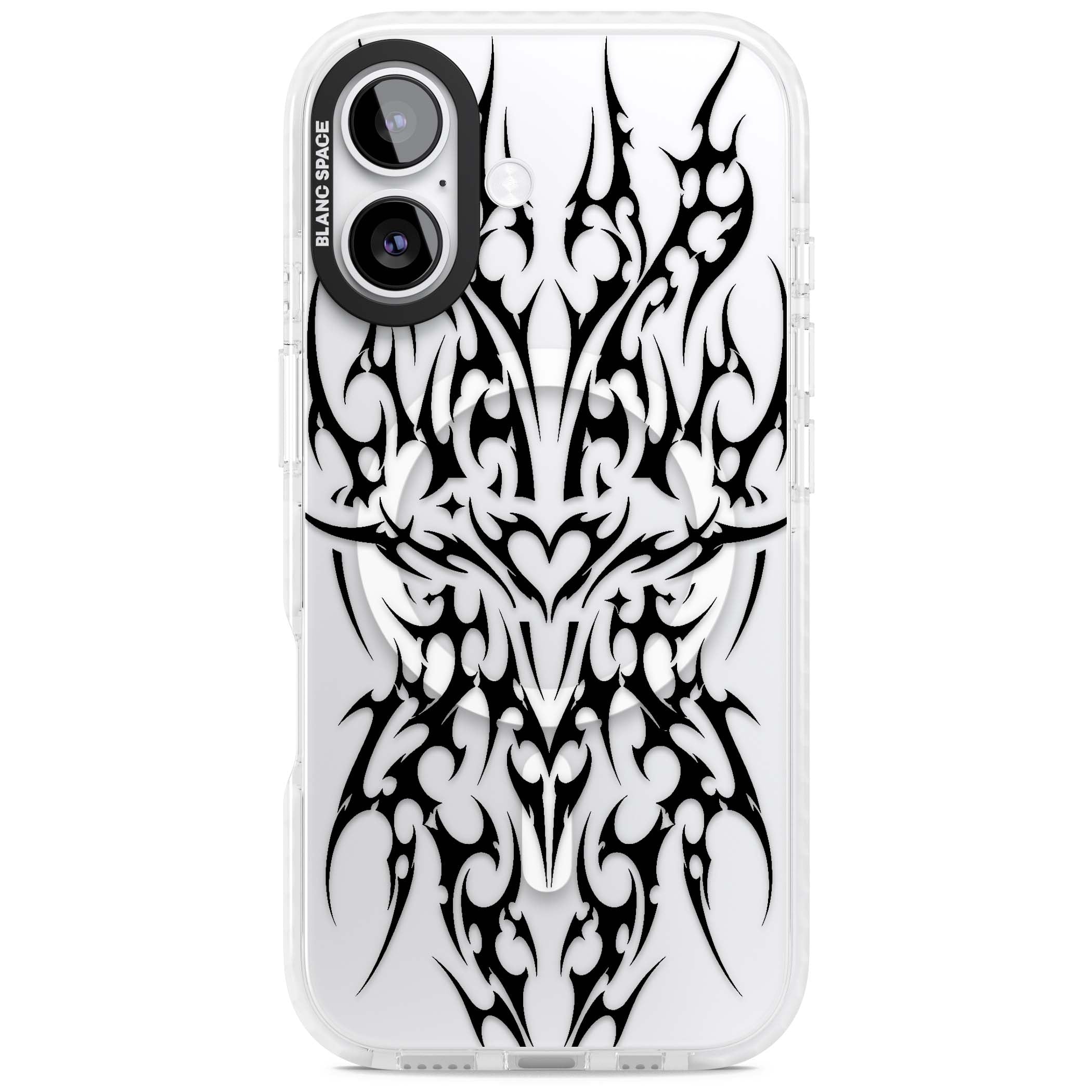 Neo Tribal Heart gothic iPhone case featuring symmetrical black tribal tattoo art with sharp thorn-like linework | Impact Magsafe case for iPhone 17
