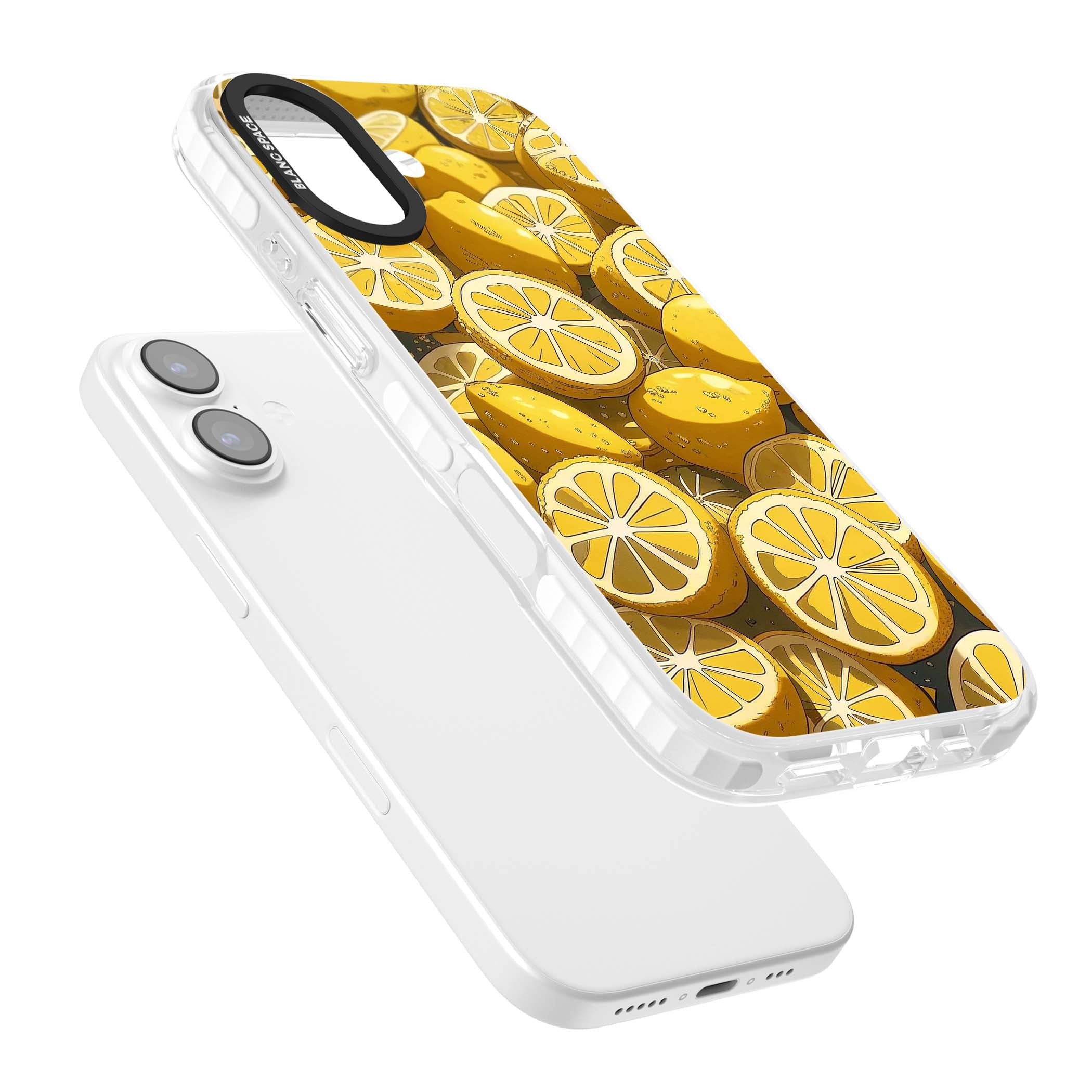 Zesty coastal iPhone case featuring illustrated Mediterranean lemons and citrus slices in golden yellow | Impact Magsafe case for iPhone 17