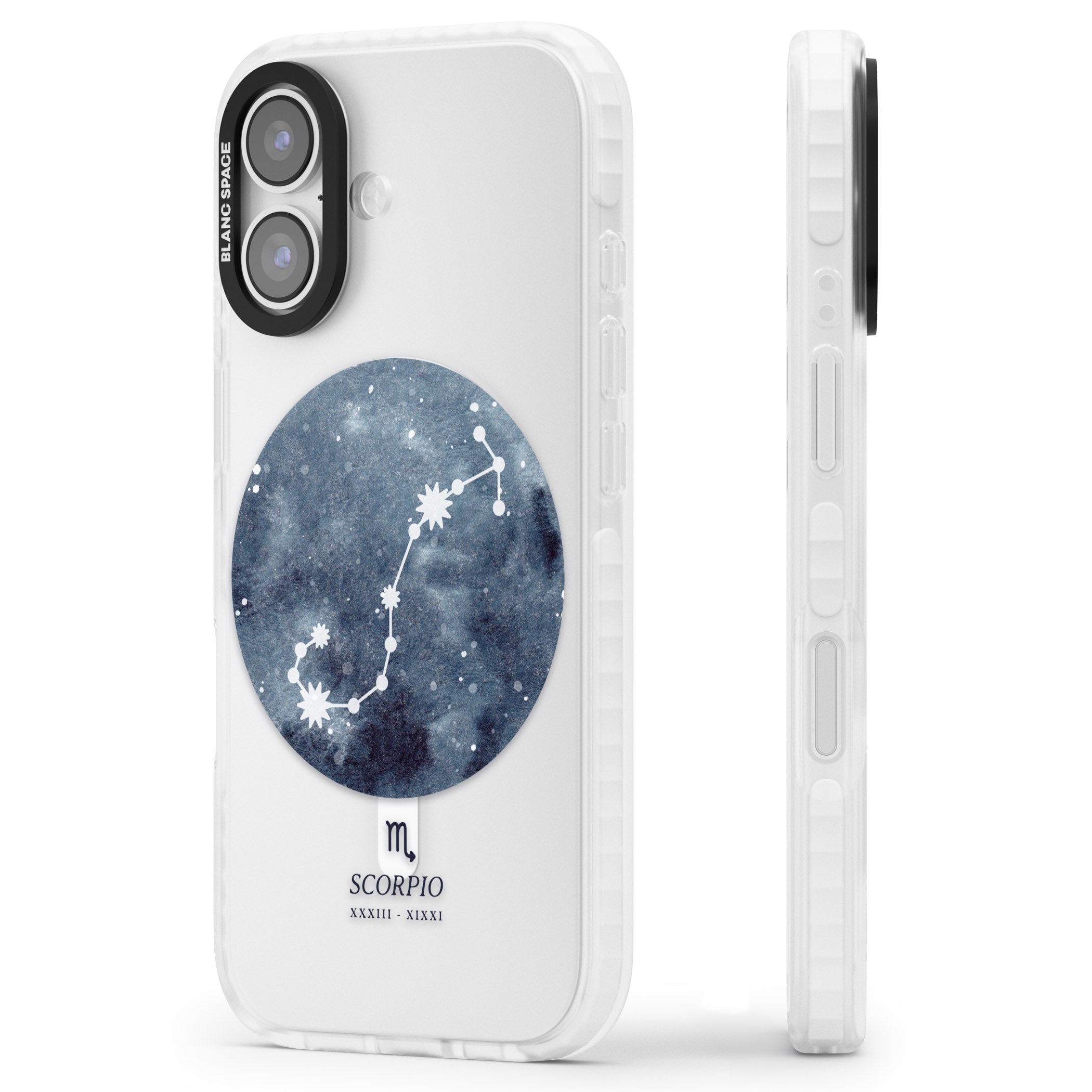 Scorpio Zodiac Blue iPhone 17 Impact Pro Clear Phone Case Side Profile