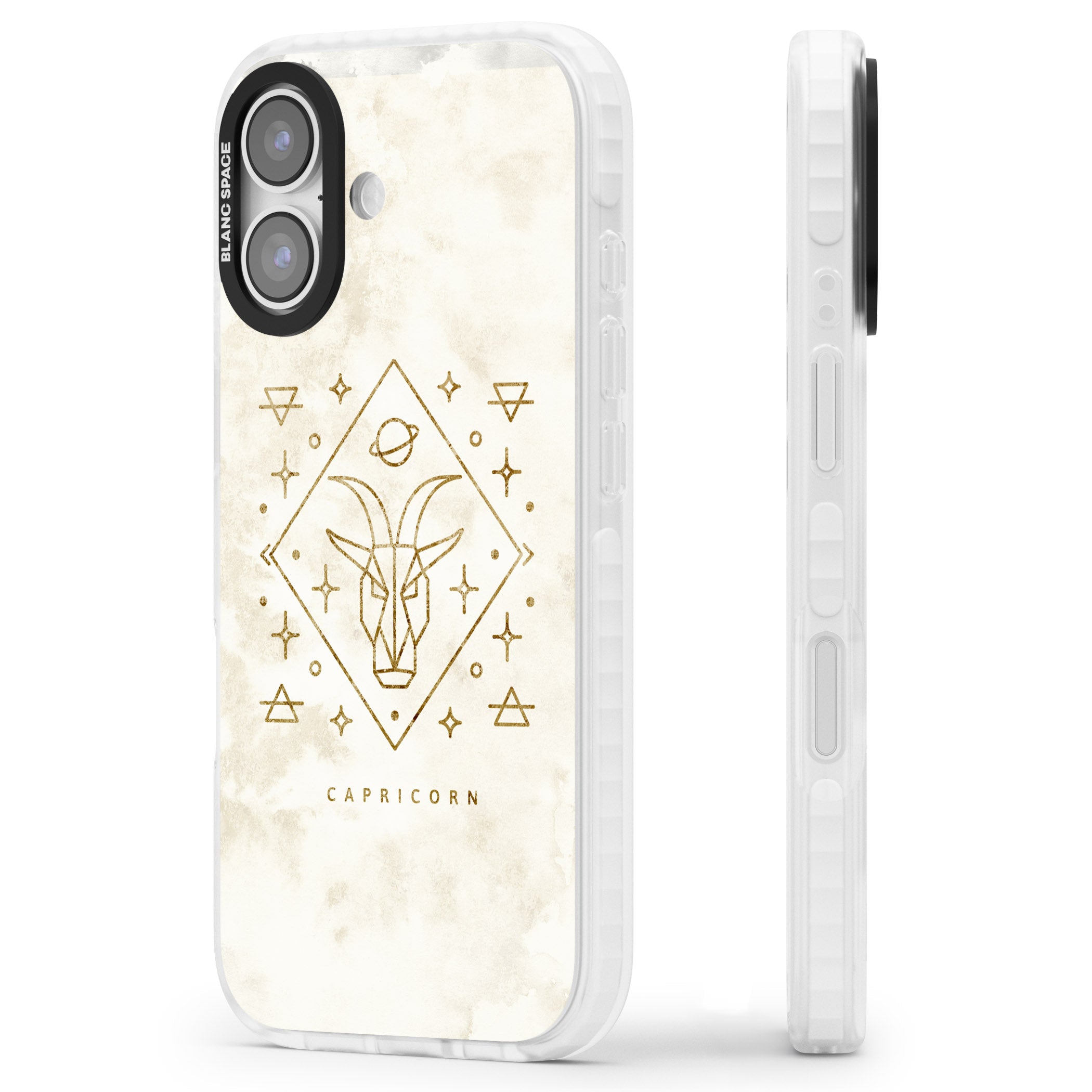 Capricorn Gold Zodiac Design iPhone 17 Impact Pro Clear Phone Case Side Profile