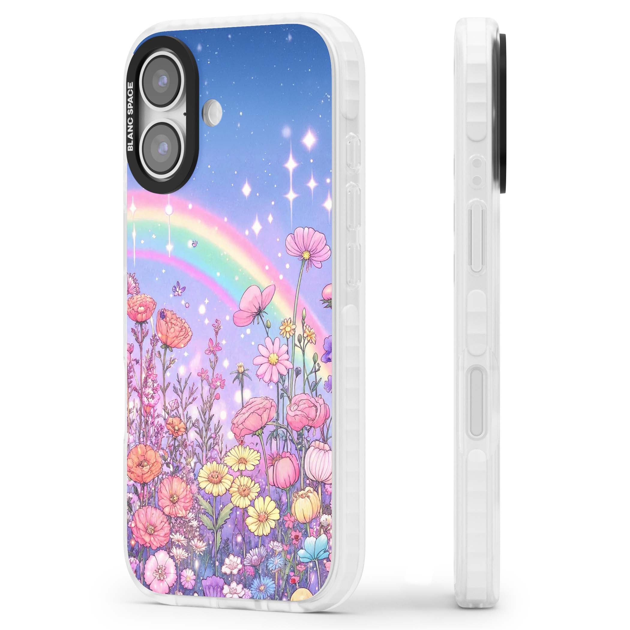 Magical Meadow fairycore iPhone case featuring a pastel rainbow, sparkling stars and a wildflower meadow | Black Impact case for iPhone 17