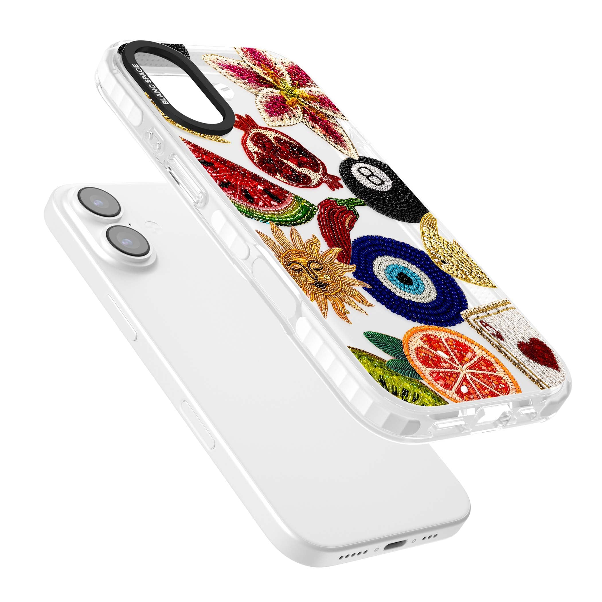 Beaded Charms embroidery iPhone case featuring beaded evil eye, fruit patches and a golden sun motif | Black Impact case for iPhone 17