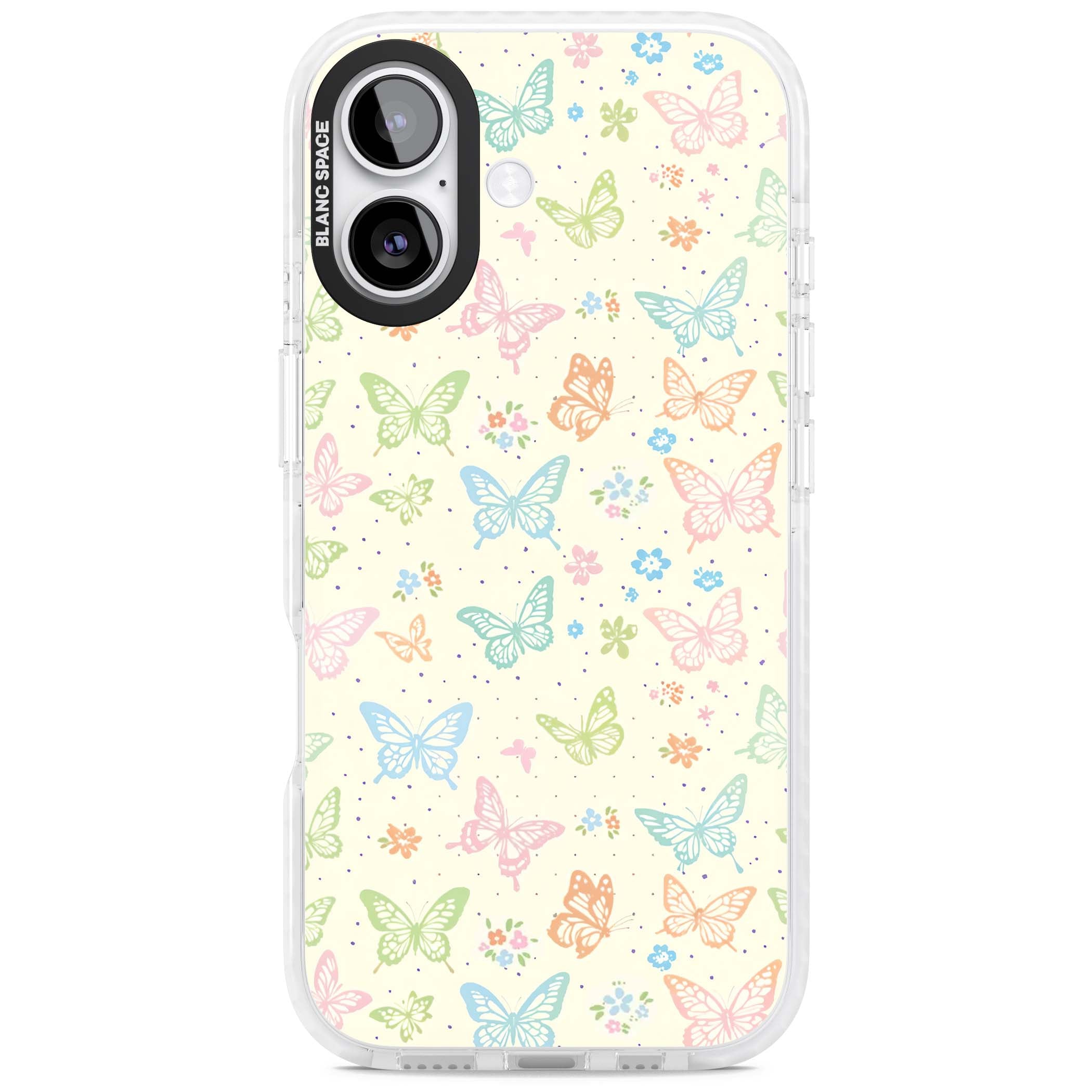 Sugar Wings cottagecore iPhone case featuring rainbow pastel butterflies, tiny wildflowers, and a cream background | Black Impact case for iPhone 17