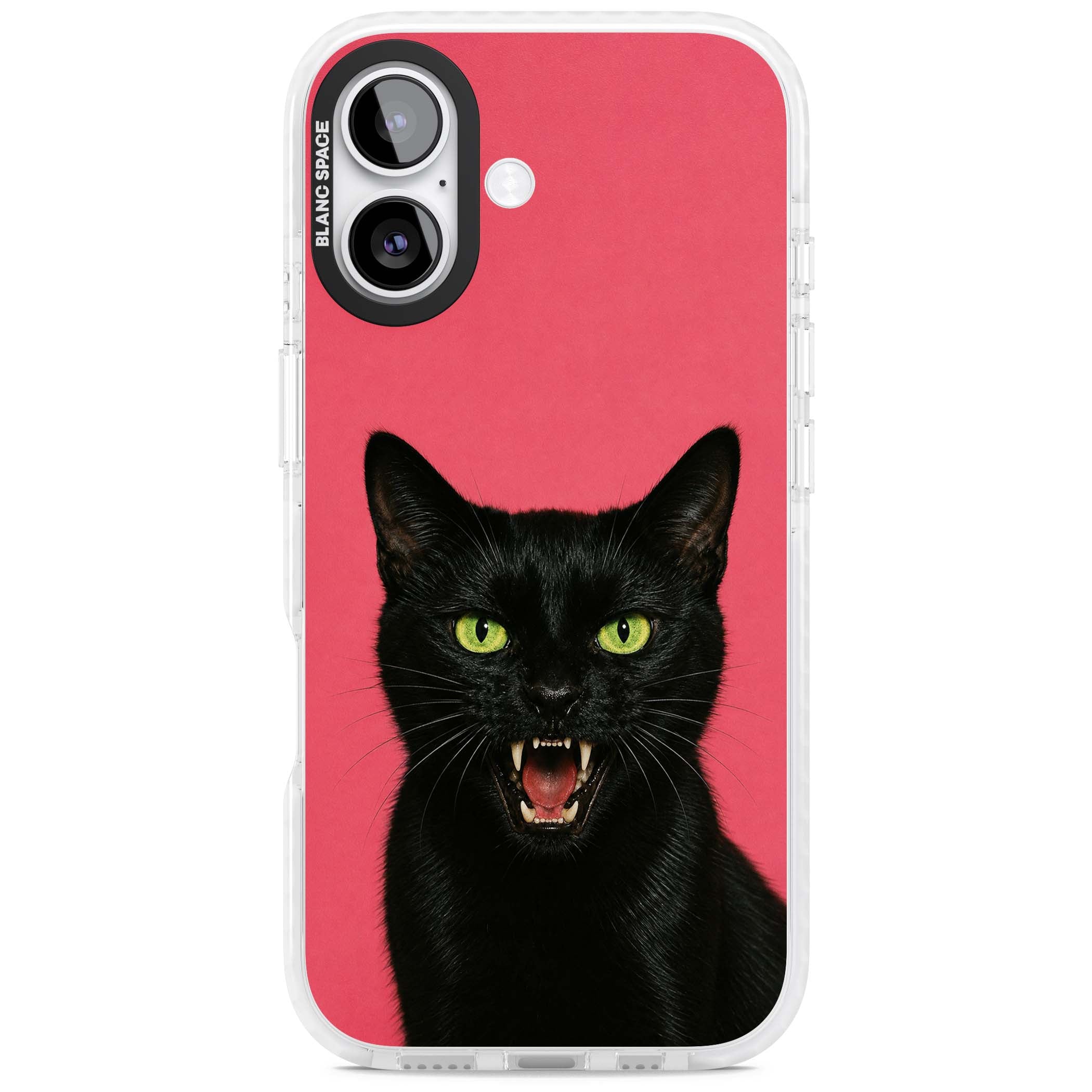 Hissin' Baddie black cat iPhone case featuring a hissing feline with green eyes on a hot pink background | Black Impact case for iPhone 17