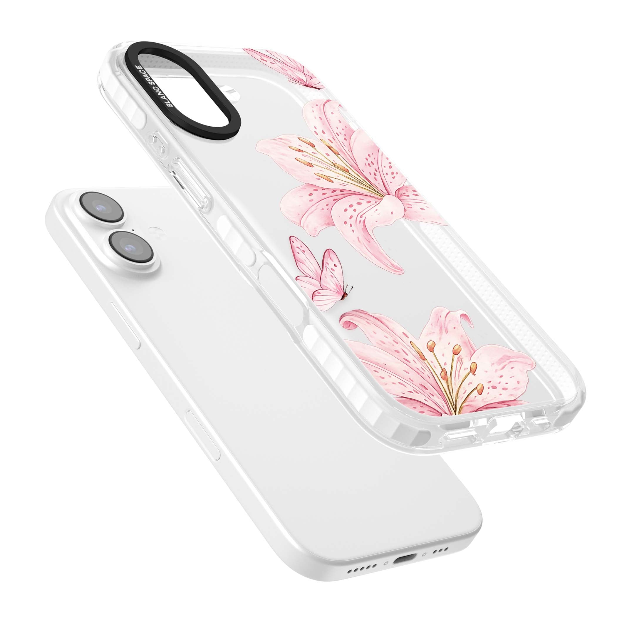 Lily Whisper floral iPhone case featuring pink watercolour lilies and delicate butterflies on a clear background | Black Impact case for iPhone 17