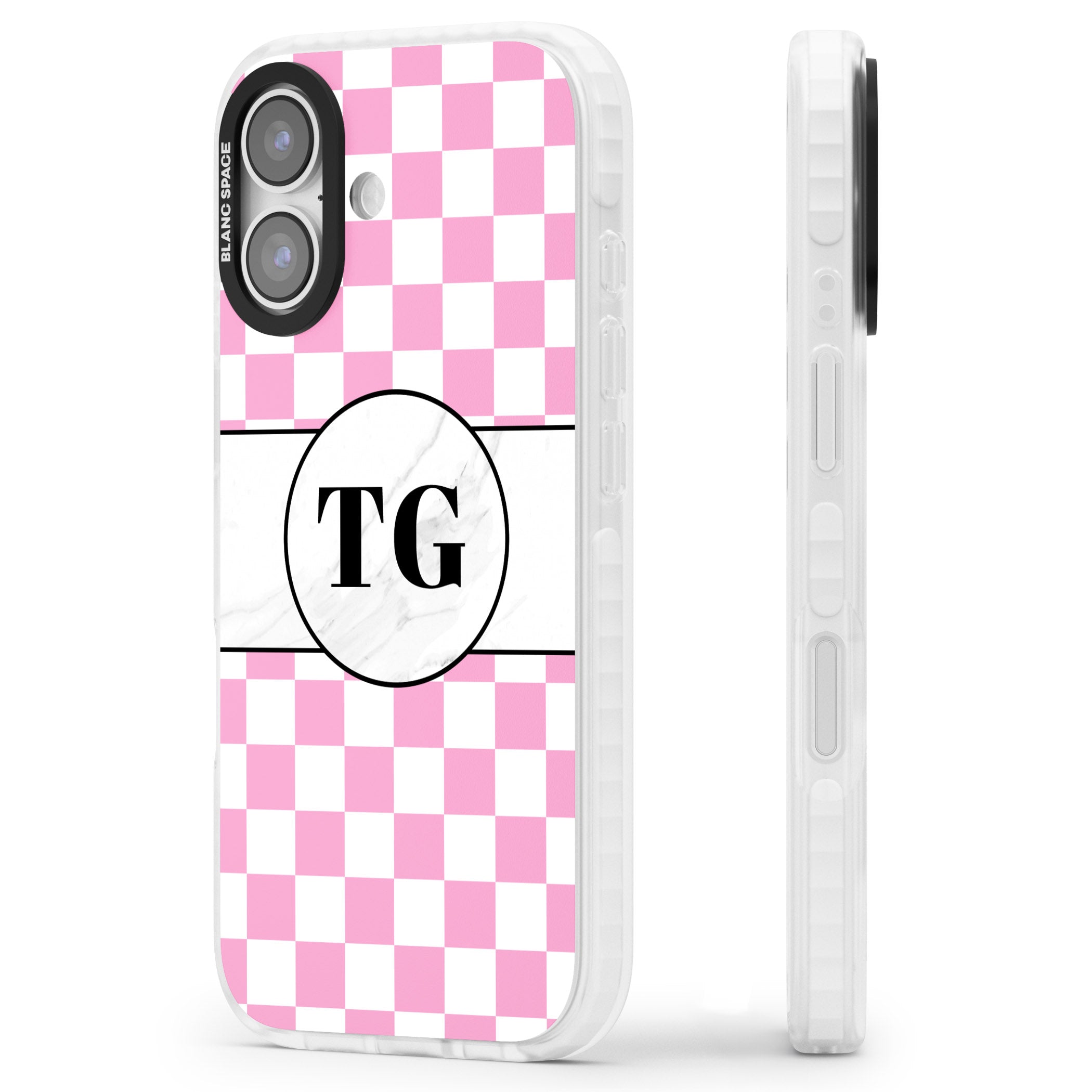 Personalised Monogrammed Pink Check iPhone 17 Impact Clear Phone Case Side Profile