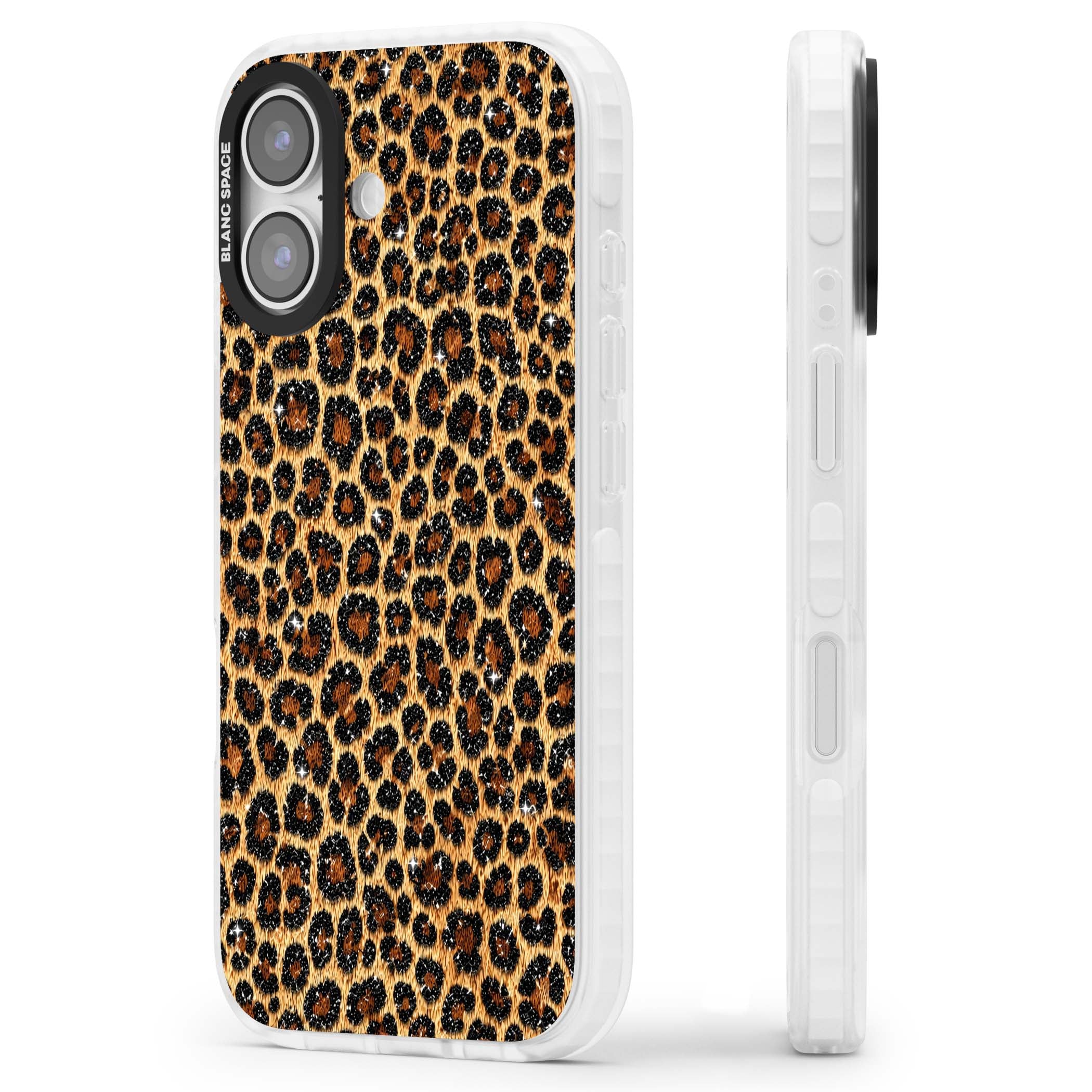 Diamond Leopard leopard print iPhone case featuring golden tan fur, black rosette spots and subtle glitter sparkle | Black Impact case for iPhone 17