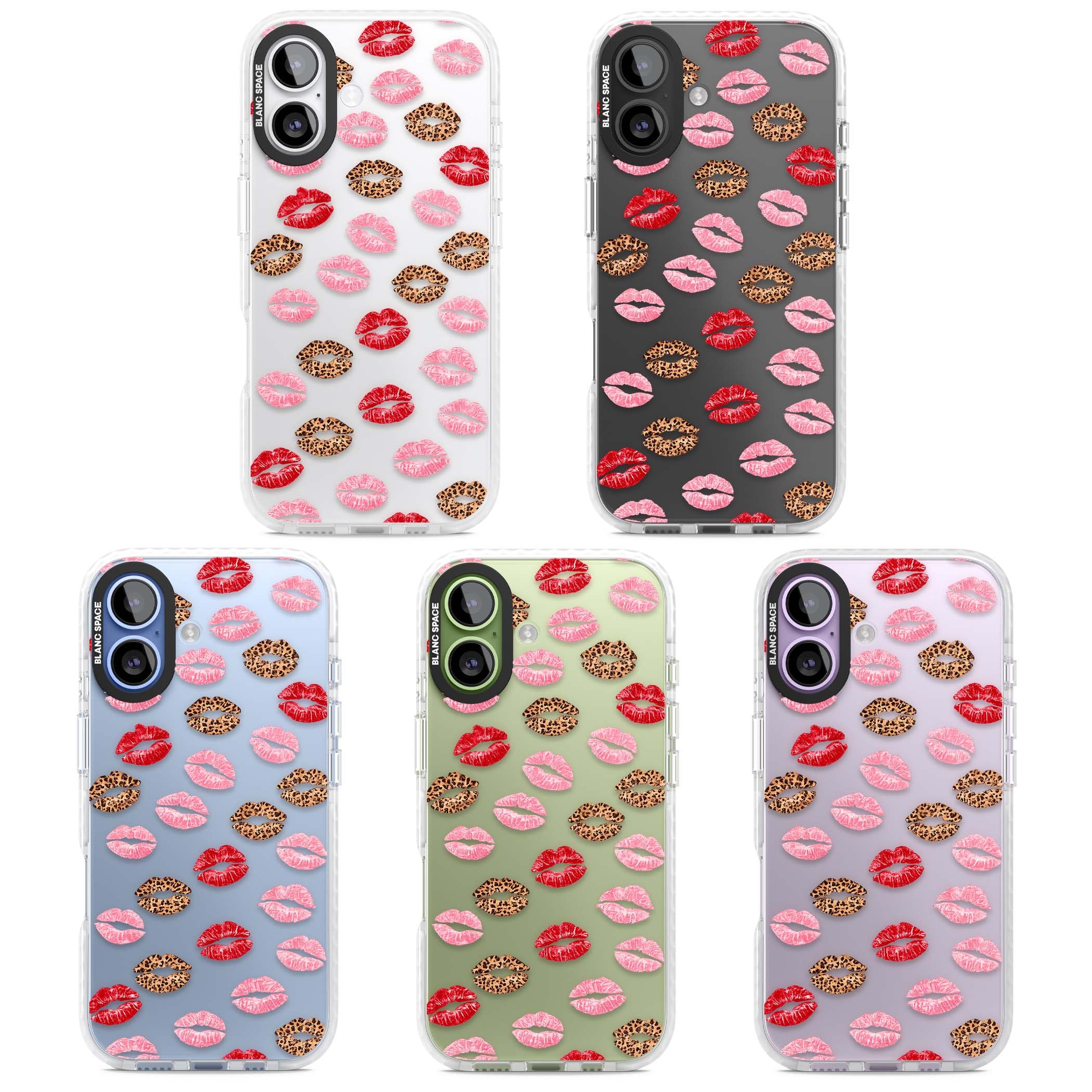 Wild Kisses coquette iPhone case featuring red, pink and leopard print lipstick kiss marks on a clear background | Black Impact case for iPhone 17