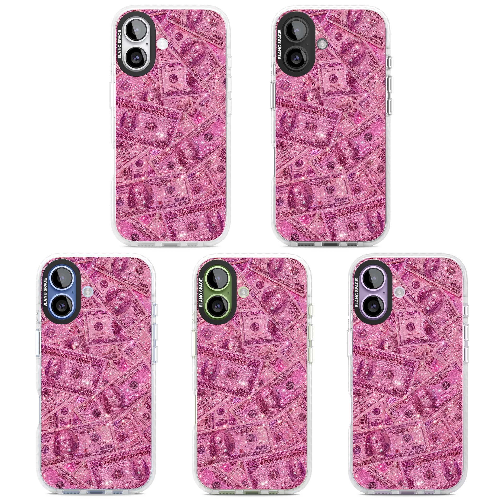 Glamorous baddie iPhone case featuring pink glitter hundred dollar bills and sparkling money wallpaper design | Black Impact case for iPhone 17