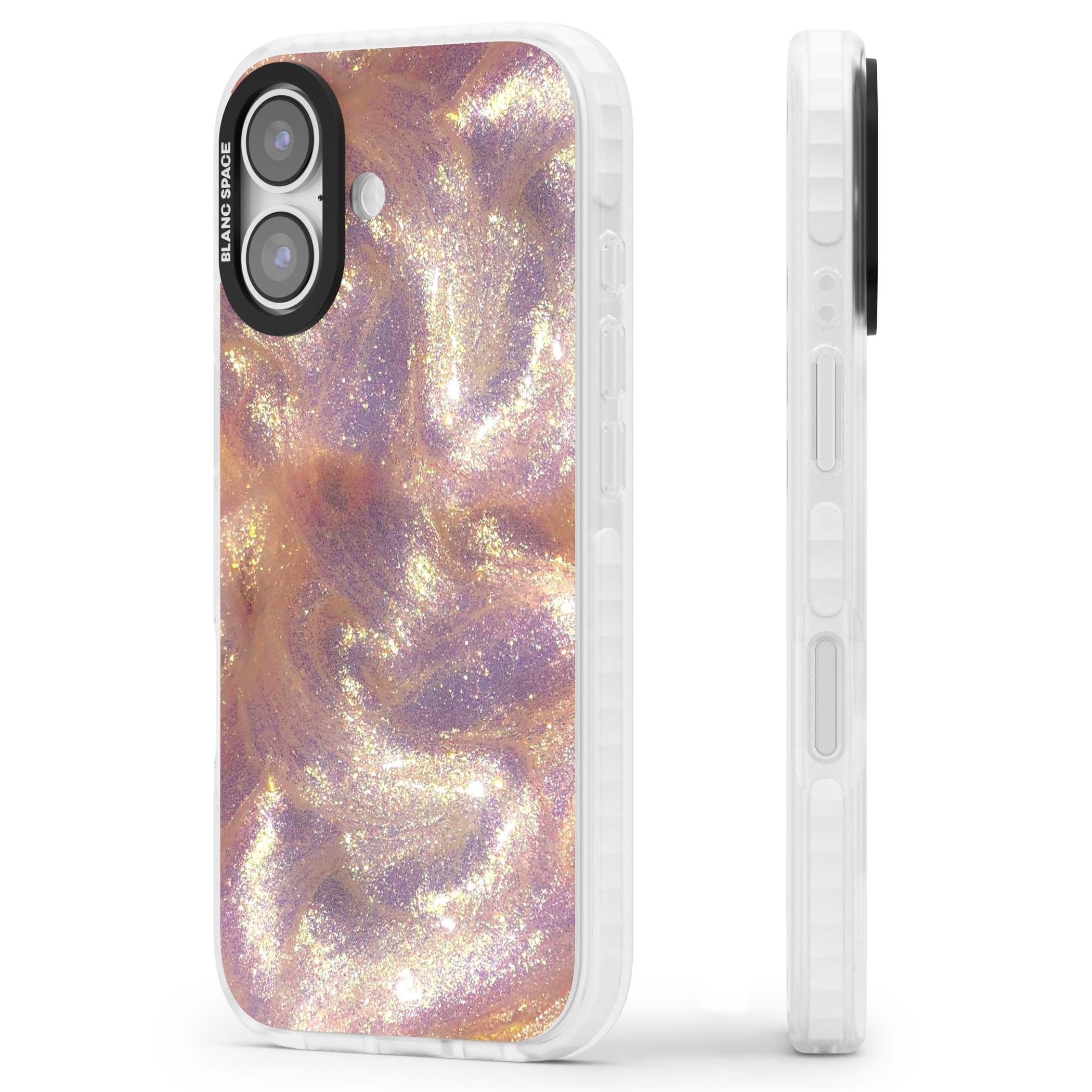 Shimmer marble iPhone case featuring rose gold glitter swirls, lilac shimmer and iridescent pearl finish | Black Impact case for iPhone 17