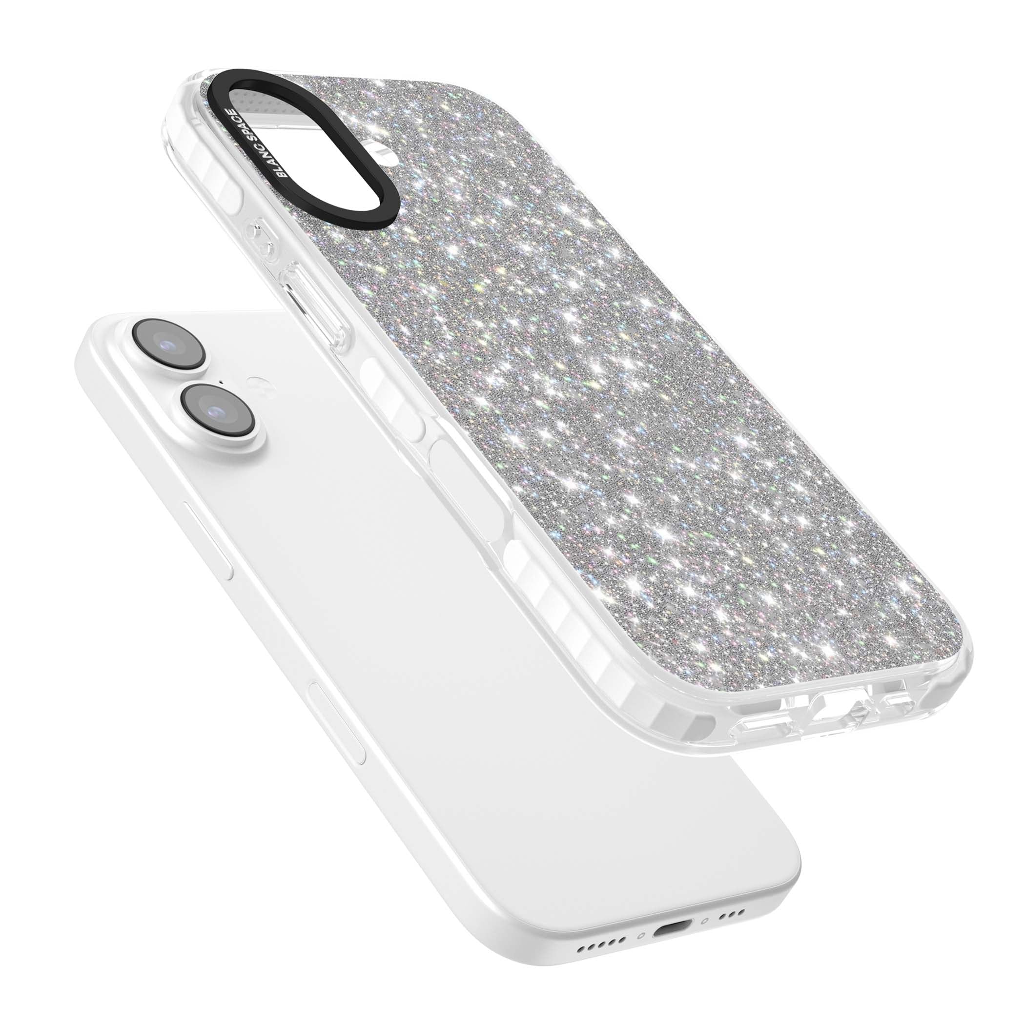Diamond glam iPhone case featuring silver glitter sparkle and shimmering diamond dust effect | Black Impact case for iPhone 17