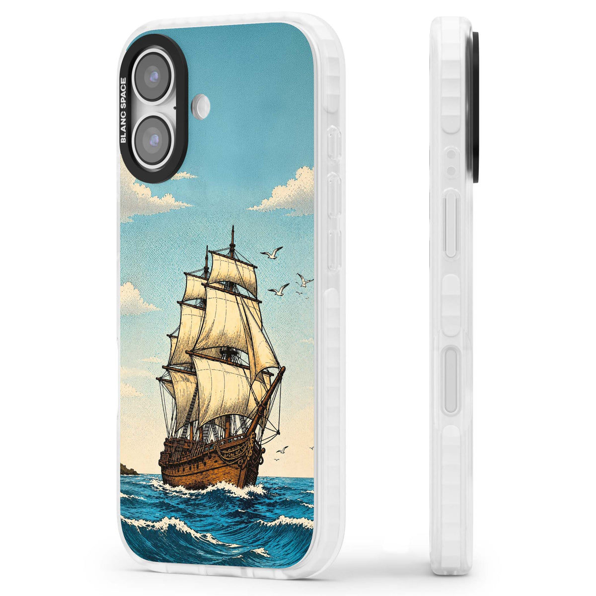 Ship at Sea nautical iPhone case featuring a vintage tall ship, ocean waves and seagulls | Black Impact case for iPhone 17