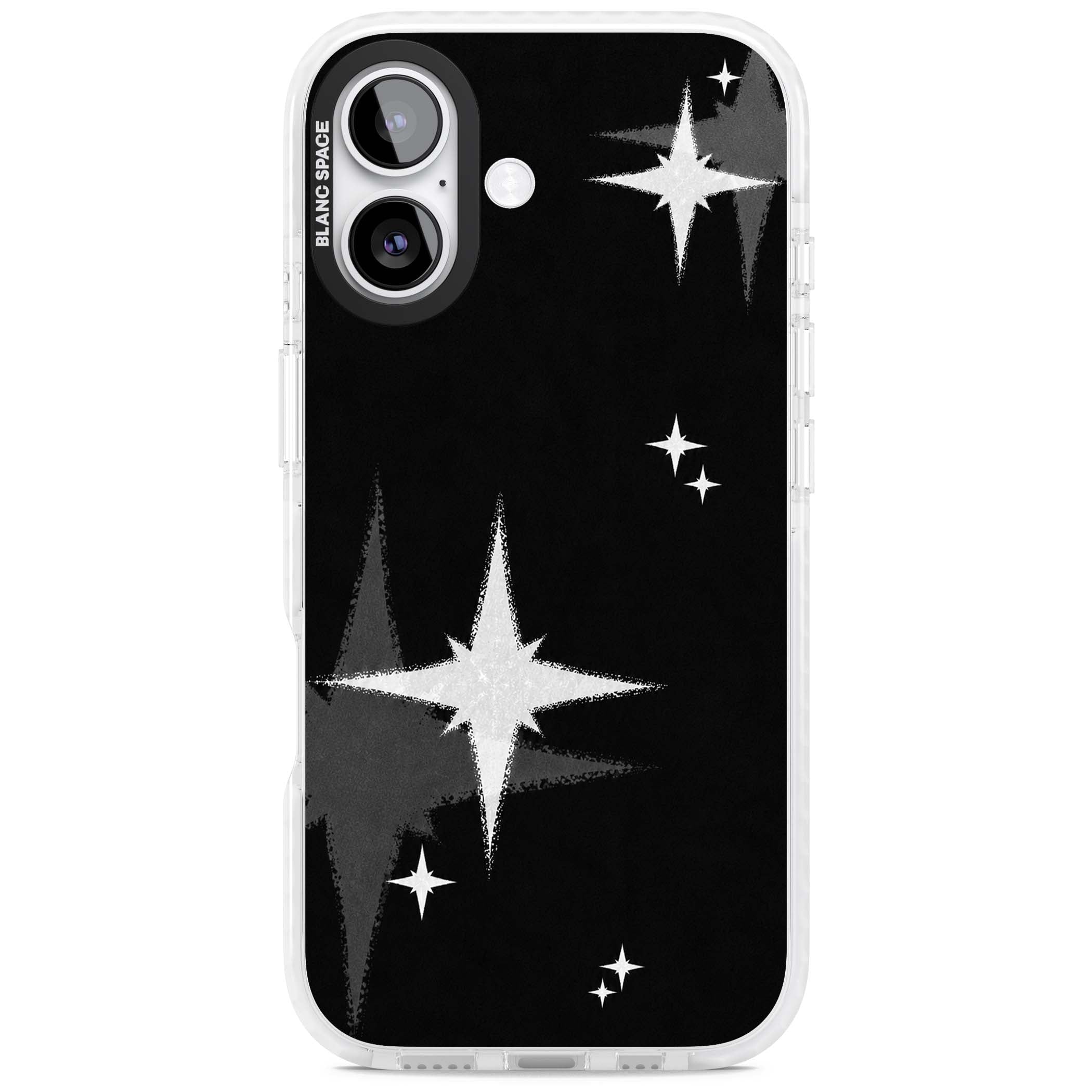 Black Sparkle celestial iPhone case featuring white sparkle stars on a black night sky background | Black Impact case for iPhone 17
