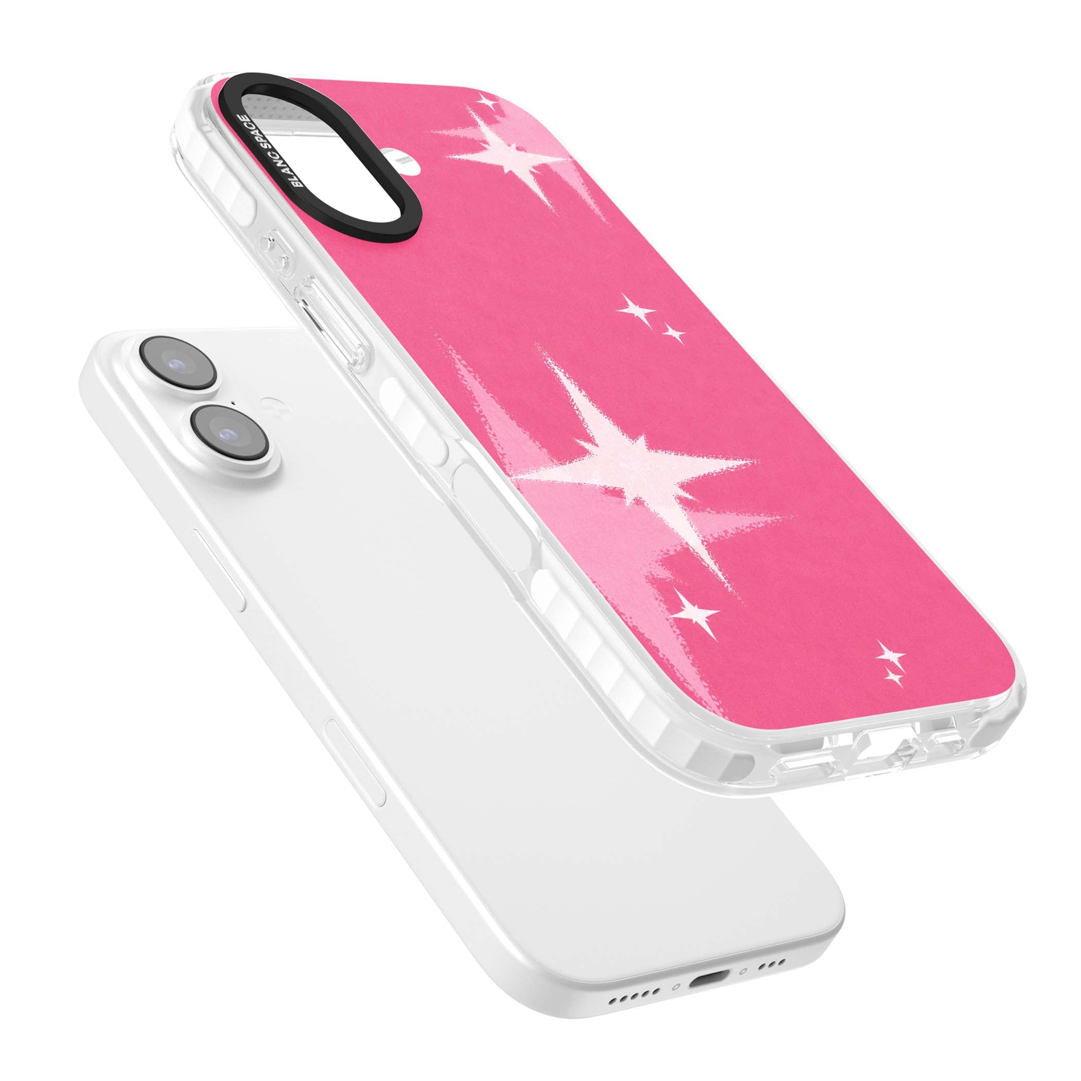 Pink Sparkle Y2K iPhone case featuring hot pink background with shimmering white starburst pattern | Black Impact case for iPhone 17