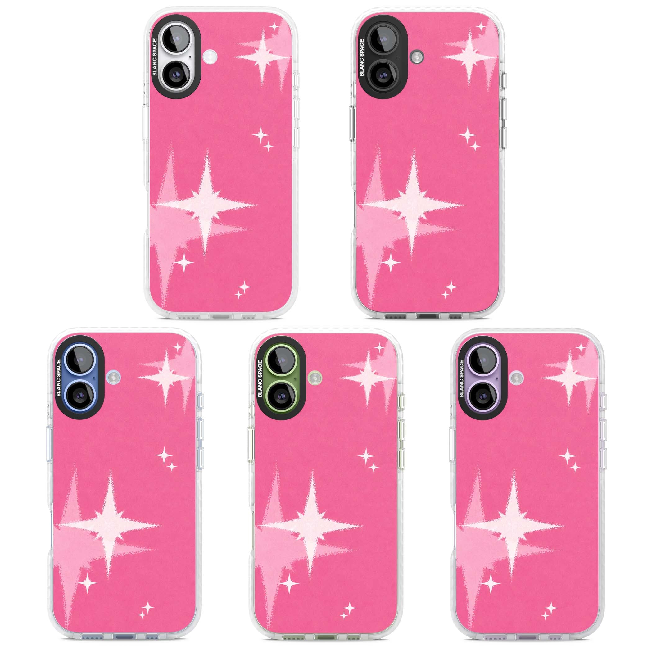 Pink Sparkle Y2K iPhone case featuring hot pink background with shimmering white starburst pattern | Black Impact case for iPhone 17