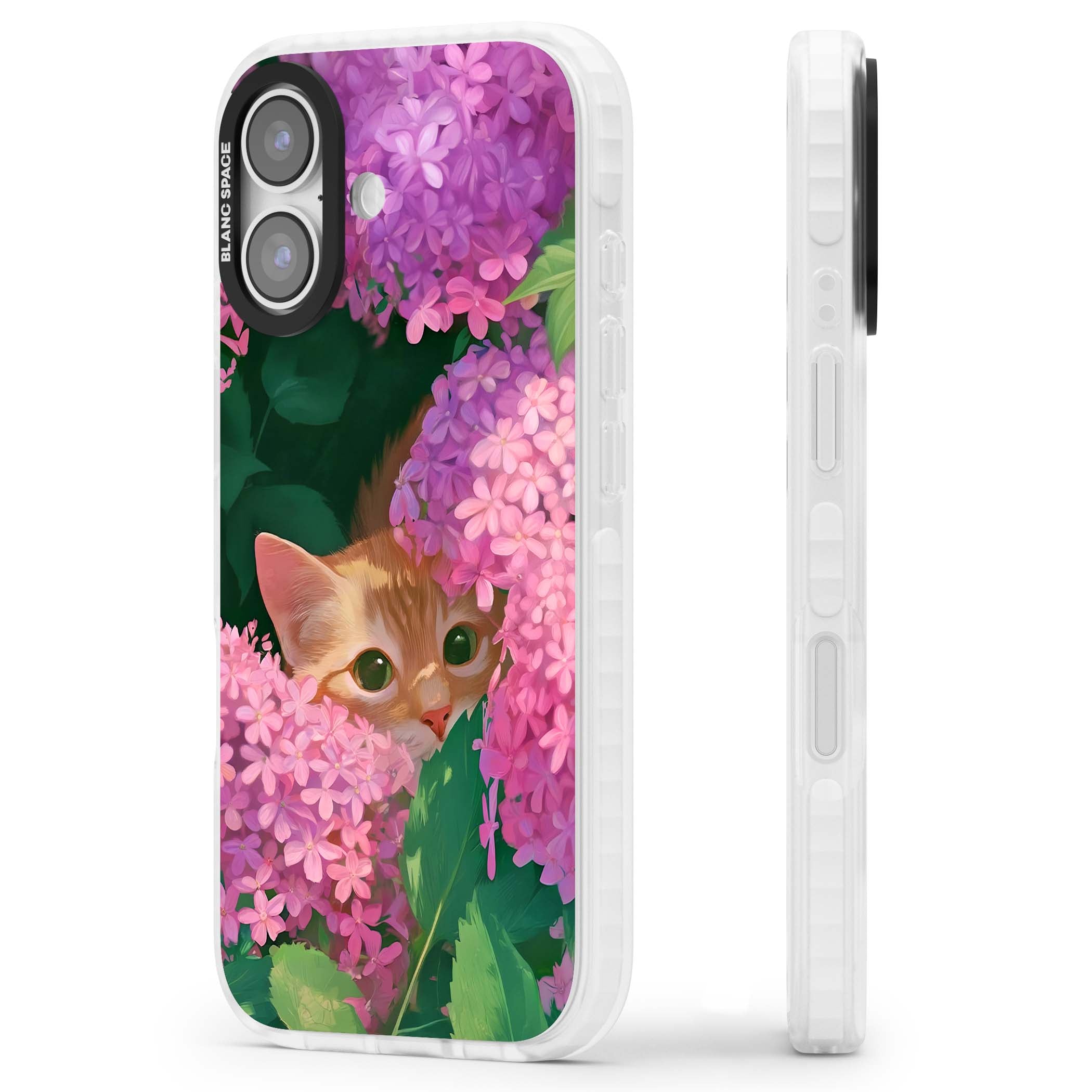 Cat In Pink Flowers cottagecore iPhone case featuring a ginger kitten peeking through lilac and pink hydrangea flo | Black Impact case for iPhone 17