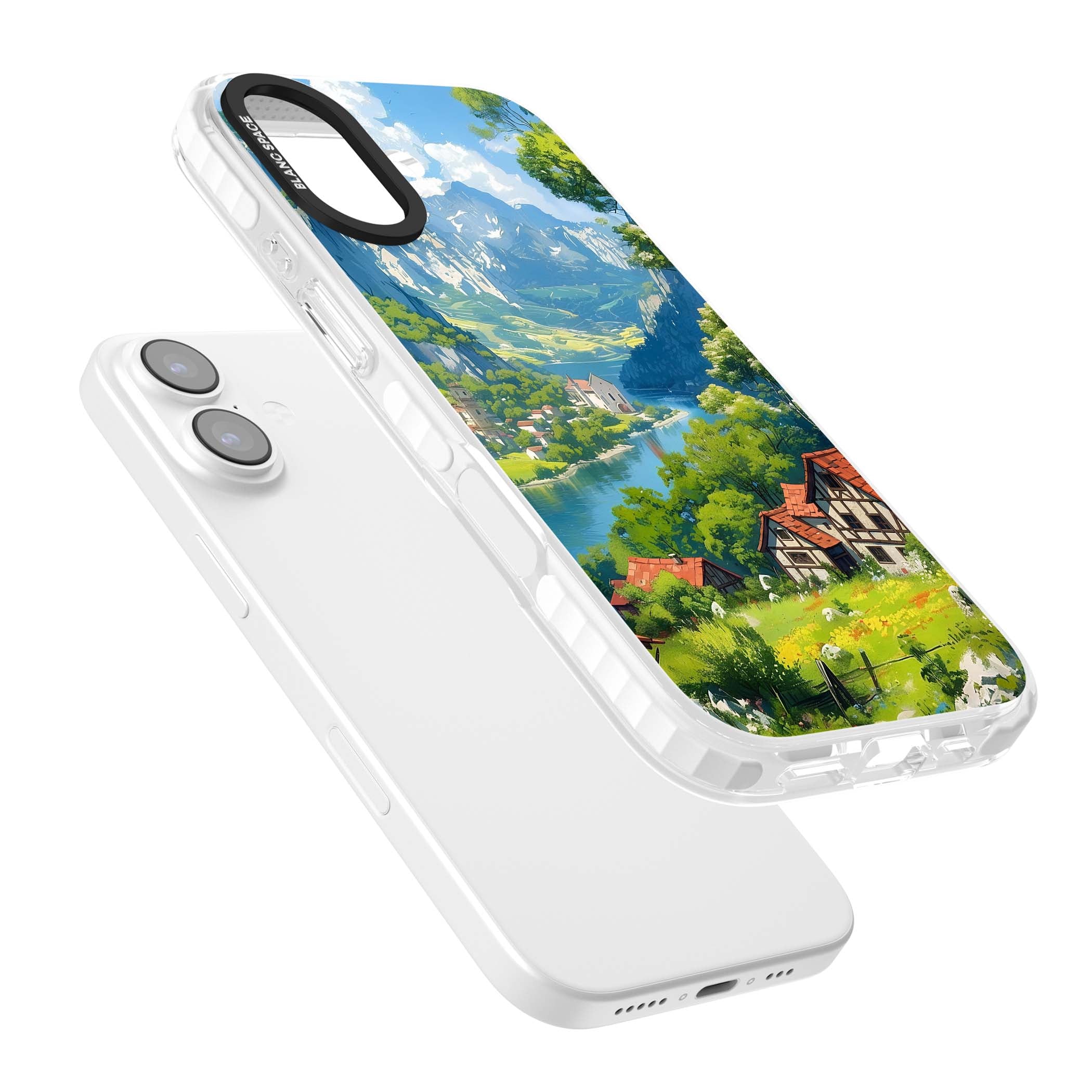 Village In The Valley anime iPhone case featuring a painted mountain village, river valley and half-timbered cottages. | Black Impact case for iPhone 17