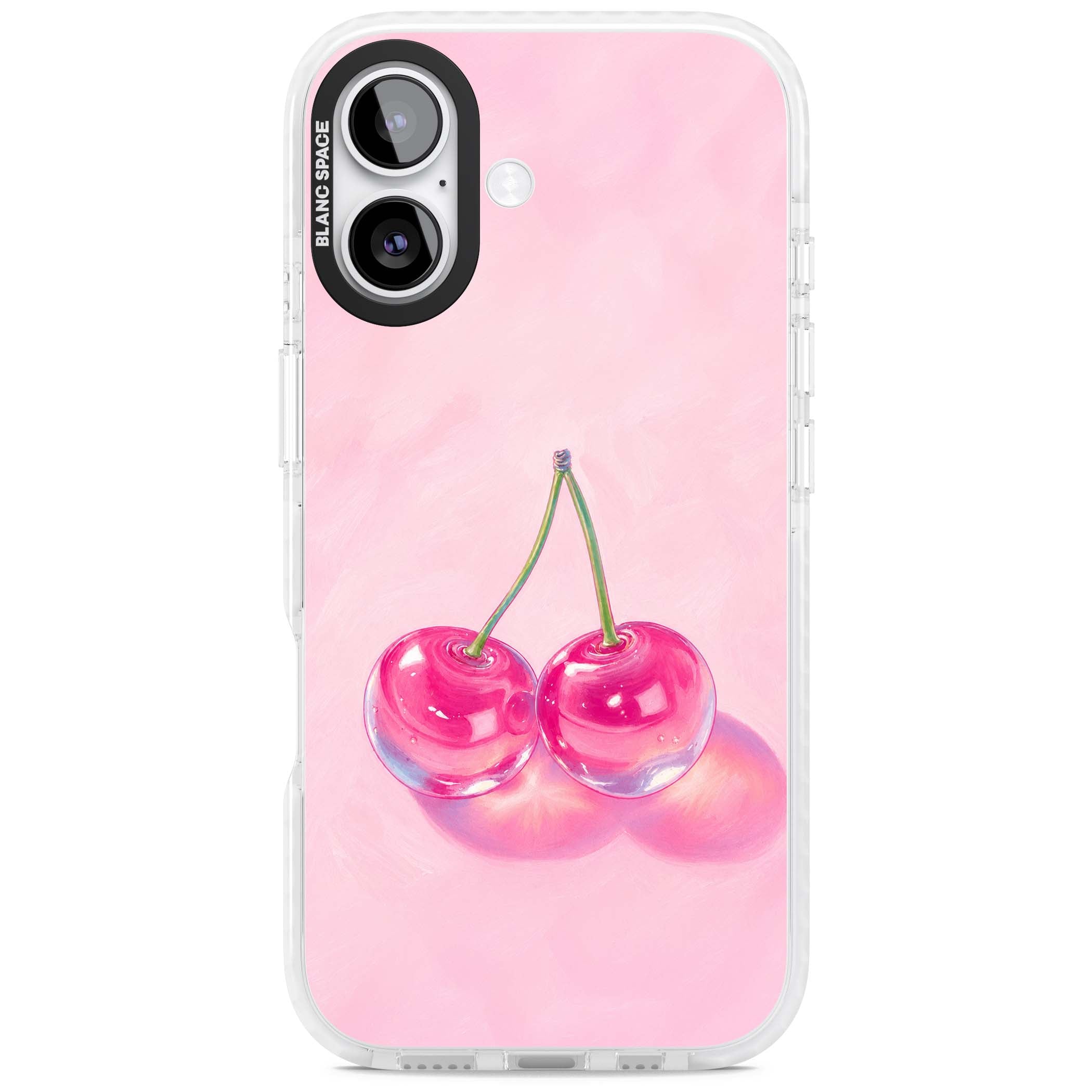 Pink Glass Cherry coquette iPhone case featuring two glossy painted cherries on a soft pink background | Black Impact case for iPhone 17